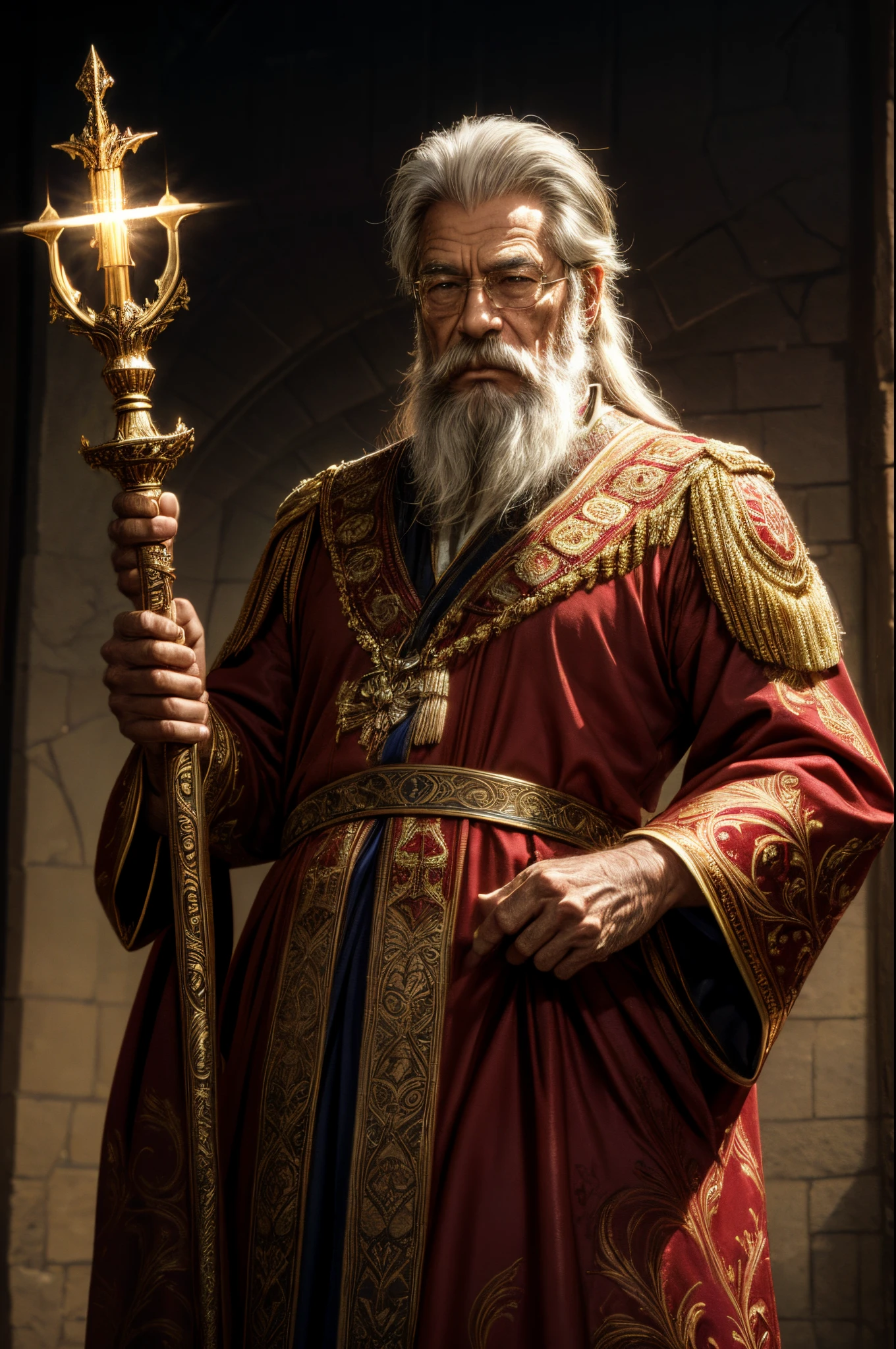 ローランド王, 62歳の男性, あなたの王室で. 灰色の雄大なひげを強調表示する, 尊敬と経験のオーラを与える. 王は豊かな赤と金の色合いを取り入れた王室の衣装を着ている。. 彼はシンボルの刻まれた王笏を手に持っている. 部屋には過去の伝説を伝えるタペストリーが飾られている. このファンタジー王国で王の威厳と確固たるリーダーシップを伝えます.