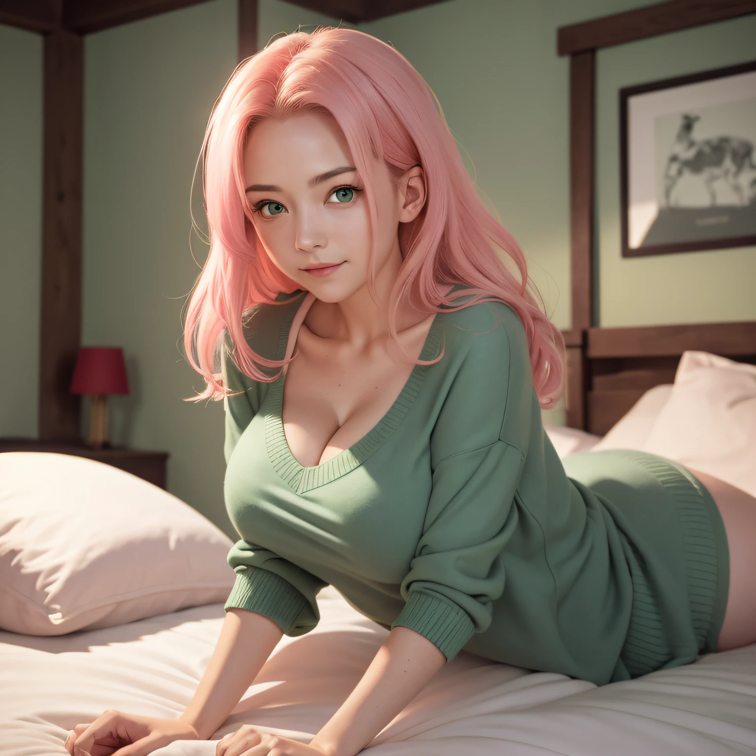 Masterpiece, Best quality at best, 1girl, sakura haruno, Large breasts, Oversized pink sweater, (cleavage), (front view closeup), Raised sexy, is shy, with long pink hair splayed on the pillow, (green eyes:1.3), Forehead protection, (Lying in a soft bed), bare legs tucked under blanket, film movie still, 1 girl in, innocent smile, (A detailed face), (Detailed skin), intricate details, Shallow depth of field, [volume fog], light, Reflectors, a Canon EOS R5, 50MM lens, f/2.8, nffsw, shot at 8k resolution, (high quality, best rendering), Ultra detailed, 1girl, 25 years, Large breasts, Blush, front view, serene angle, Masterpiece, pink oversized sweater, long pink hair (large breasts:1.4), (upper body shot), (looking at camera), (relaxed in bed)