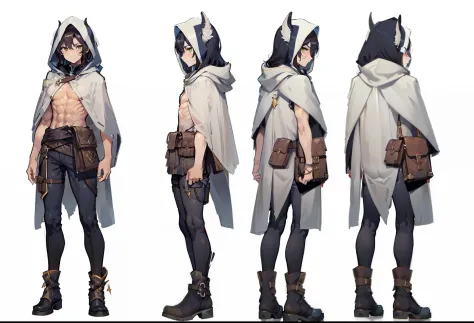 1male, reference sheet, matching outfit, (fantasy character design, front angles, side angles, rear angles) man, Kaelan, thin, lithe and agile with sable dark hair in unruly waves, Hooded Rogue, piercing emerald eyes, freckles, Desert wanderer, tanned skin...