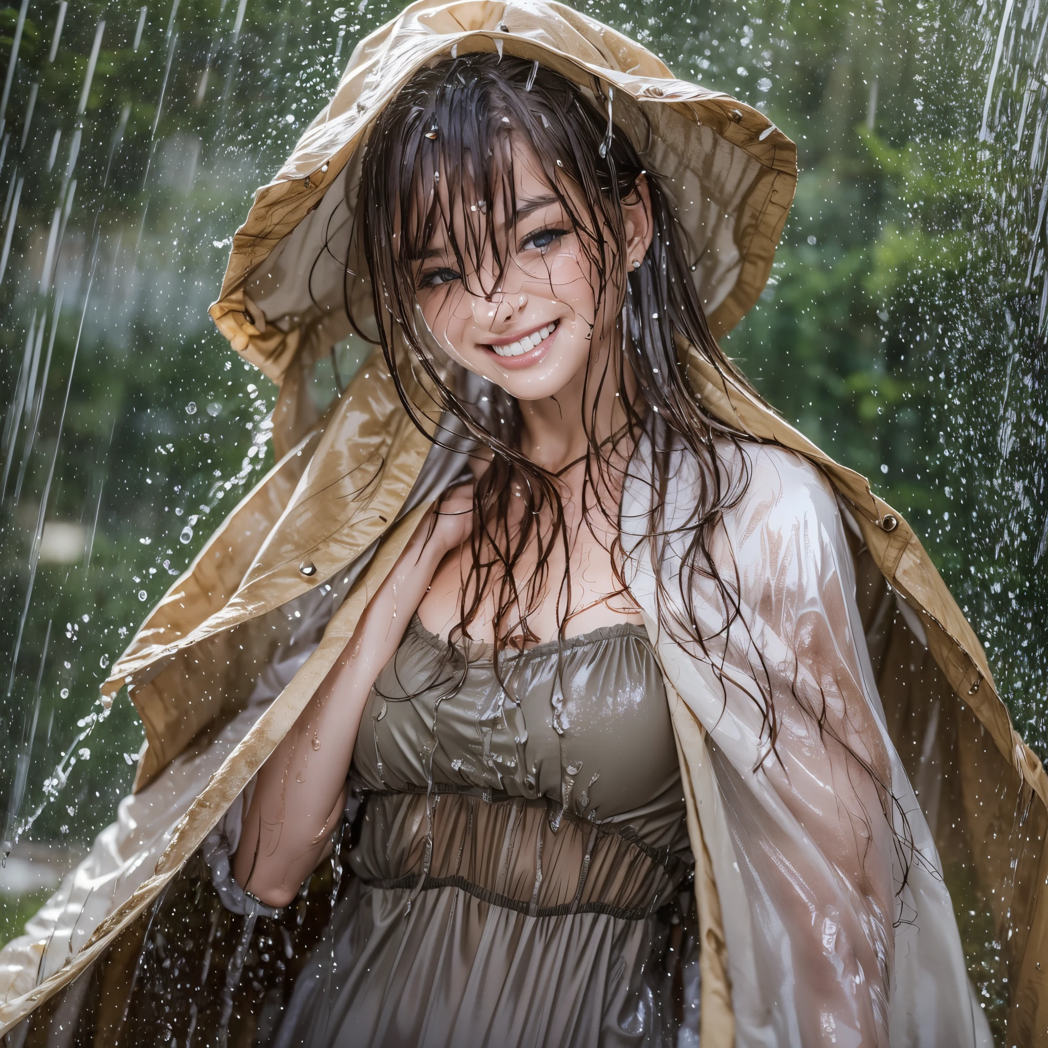 (masterpiece, best quality:1.2), cowboy shot, solo, 1girl, 27 yo peasant girl, smile, looking at viewer, peasant dress, capelet, cloak, wet clothes, soaked, dripping wet, wet hair, wet skin, translucent, glistening with oil, fully clothed