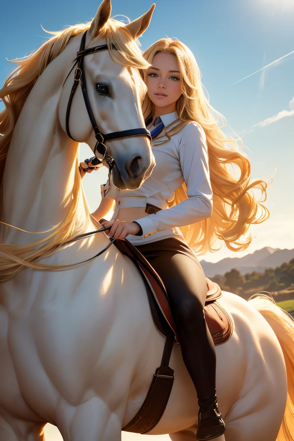 Blond woman riding a white horse in a field with a blue sky - SeaArt AI