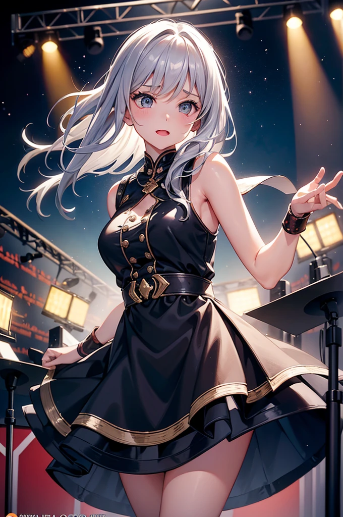 This illustration features a silver-haired girl with medium-length hair playing the drums on stage. She confidently swings the drumsticks, surrendering herself to the music. Her silver hair dances lightly as she exudes a vibrant and energetic presence while performing. The stage lighting illuminates her, and the cheers of the audience echo in the background. The illustration captures the magical moment when music fills the air through her drumming. Her passion and talent shine through the entire artwork, captivating the hearts of those who behold it.