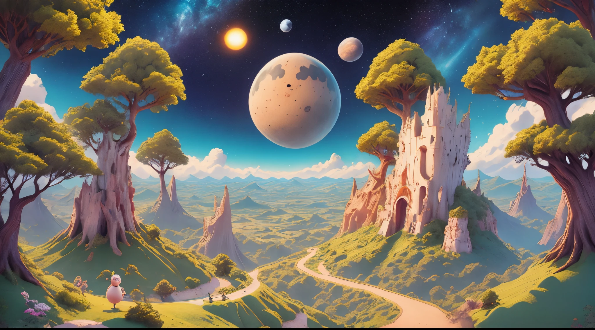 Create for me a high quality image, cartoon-like, cartoon, Disney, squirrel, cute squirrel, Friendly style, wearing astronaut clothes, devastated planet, old trees, blazing sun, full body image and far away, cave in the background