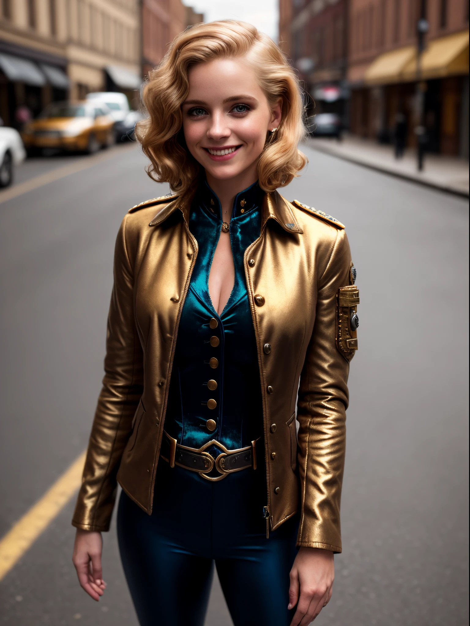 Realistic, Photorealistic, high quality,  raw photo, depth of field, 35mm, film grain,  analog photo style, isometric, bottom view, beautiful woman, (standing on steam urban street), short golden hair, (realistic steampunk velvet azure military jacket unbuttoned), nude, cute sexy, pleasure, vibrant color details, dynamic composition, vintage aesthetic, Intricate eyes, deep shadows, cinematic light, little smiling, spotlight, extremely detailed