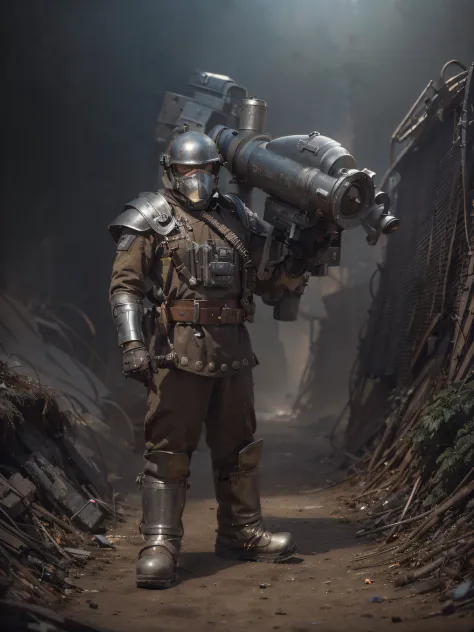 male soldier, modern metal armor Soviet symbols, metal helmet with gas mask, metal chest piece, metal shoulder pads, metal apron...