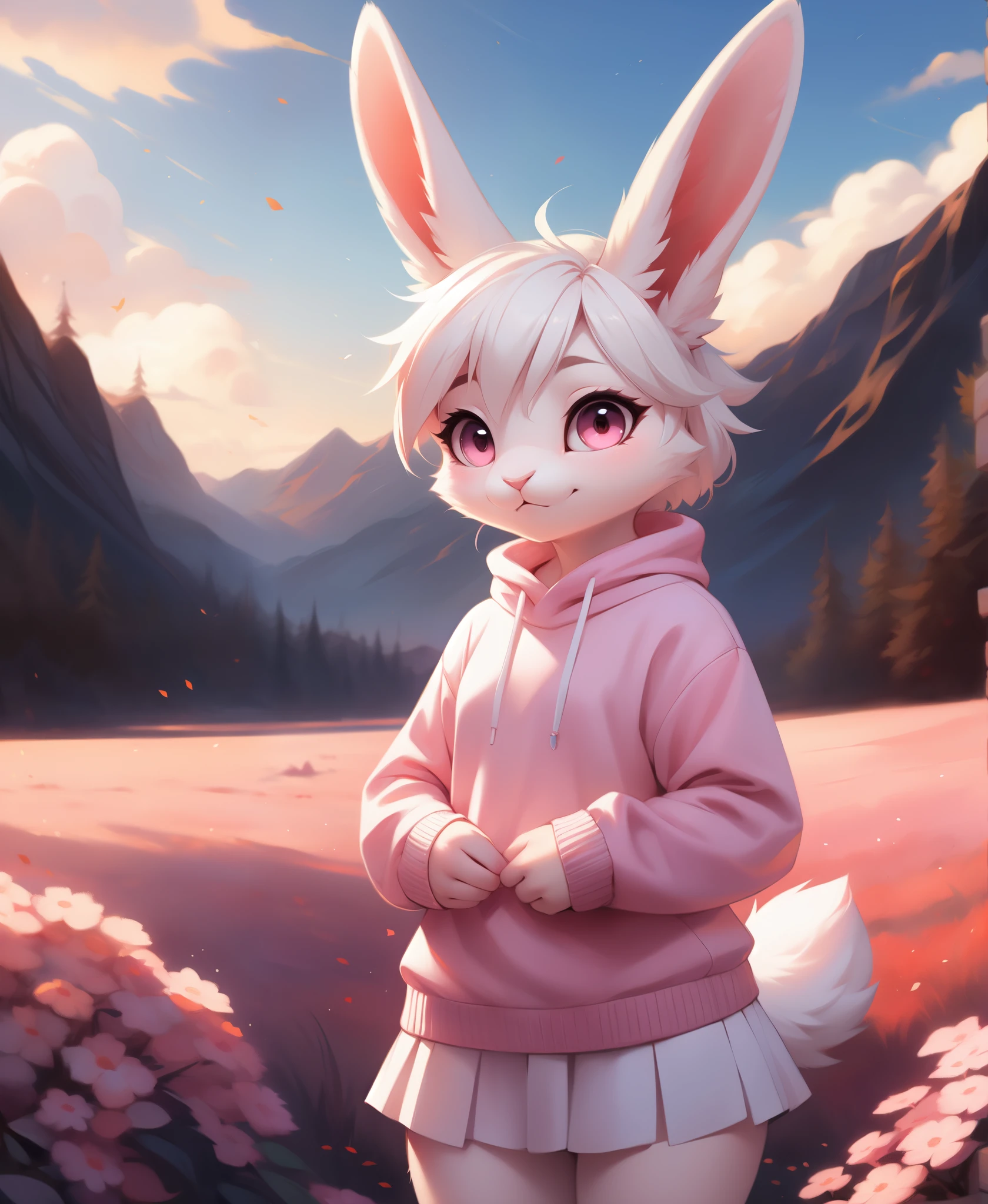 by waspsalad, by qupostuv35, by tsampikos, anthro, furry, pastel colors, 1girl, bunny girl, realistic, rabbit nose, white fur, pink eyes, white hair, sweater, flat_chested, pose, cute, dreamy, full background, perfect hands, scenery, (gradients), focus face,Animal,FurryCore, chibi