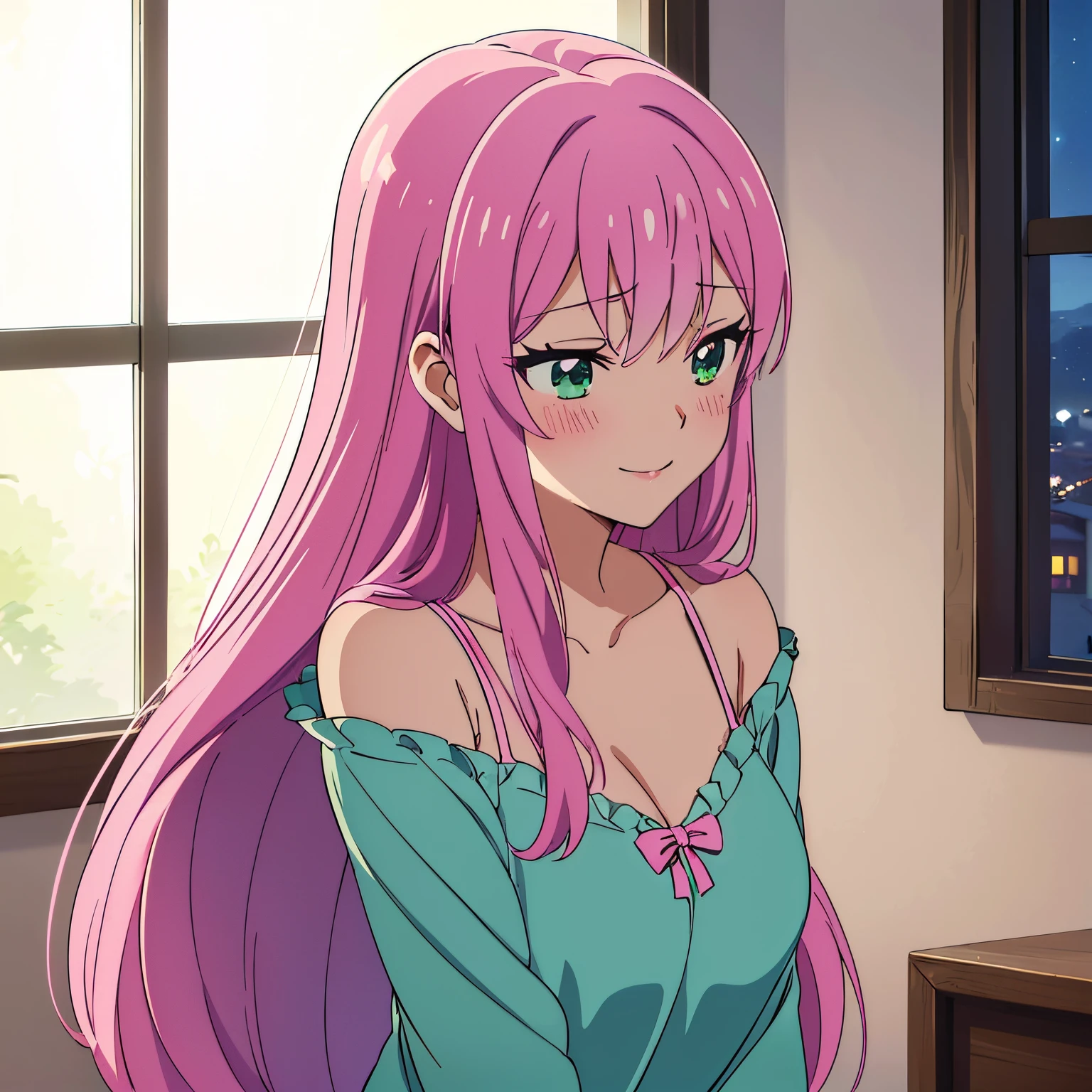 Anime girl with long pink hair and green eyes in a room - SeaArt AI