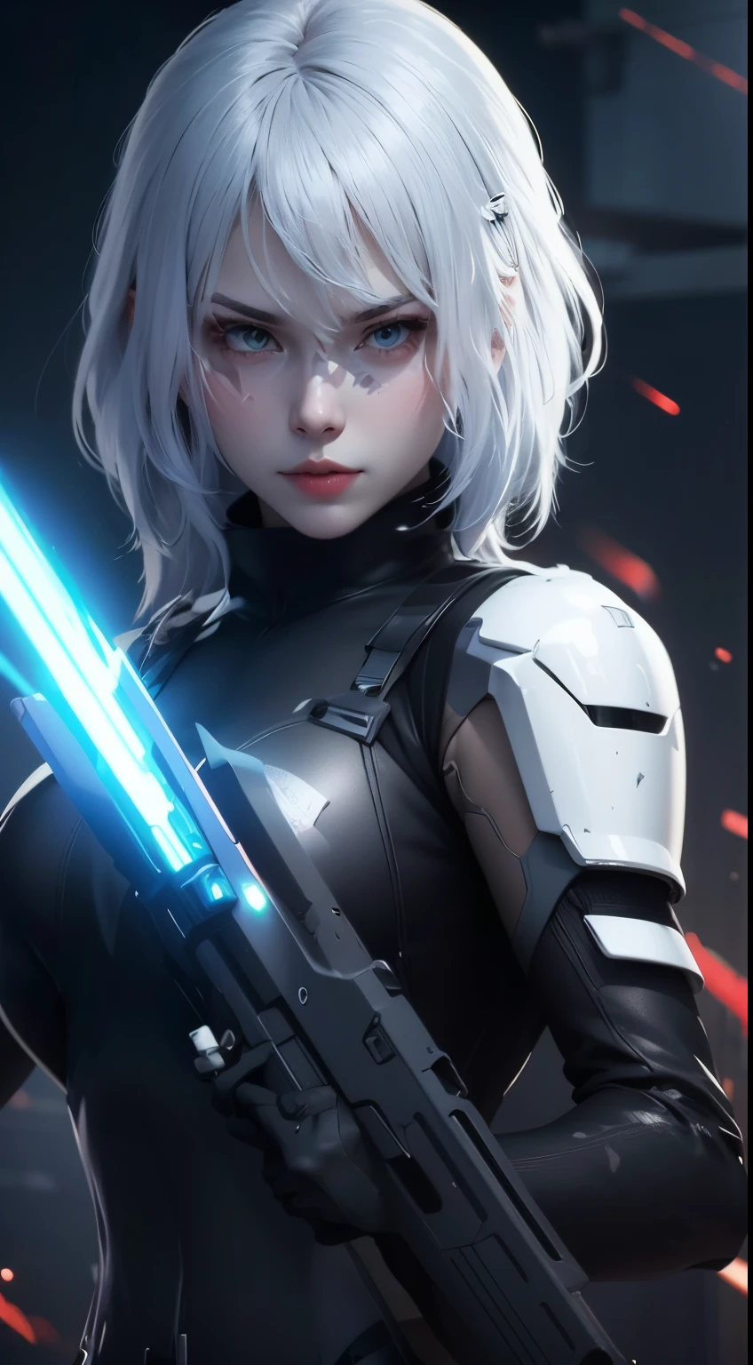 Primer plano de un hombre sosteniendo una pistola y un sable de luz, Robot - Chica con cabello plateado, Pintura Ross 2. 0, Pintura Ross 1. 0, artgerm y atey ghailan, rossdraws pintura digital, Alaina Ahenami (alena aenami) y germen de arte, Wojtechfors, inspirado en Leng Mei, Dibujo de Roth Iluminación Volumétrica, :: Dibujo de Ross，óptica, personajes animados, Personajes estilizados, Representación de estilo animación, estilización 3D, Arnold Maya renderizado, renderizado 3d estilizado, Dibujos animados que renderizan tomas clave, personaje 3D, personaje 3D, renderizado 3d estilizado, representación de personajes 3d, personaje animado, personajes de primer plano, Postura del personaje,  (La parte principal:1.2) (bokeh) (mejor calidad) (Piel delicada) (textura detallada) (8K) (arcilla) (iluminación de película) (bloquear el enfoque