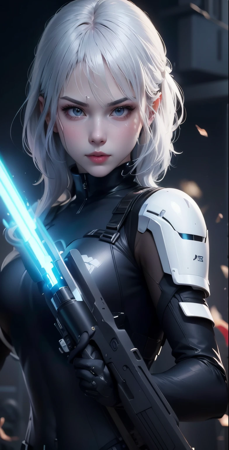 Primer plano de un hombre sosteniendo una pistola y un sable de luz, Chica robot de pelo plateado, Pintura Ross 2. 0, Pintura Ross 1. 0, artgerm y atey ghailan, rossdraws pintura digital, Alaina Akhenami (Alaina Enemi) and ajem, Wojtekfors, inspirado en Leng Mei, Dibujo de Roth Iluminación Volumétrica, :: Dibujo de Ross，óptica, personajes animados, Personajes estilizados, Representación de estilo animación, estilización 3D, Arnold Maya renderizado, renderizado 3d estilizado, Dibujos animados que renderizan tomas clave, personaje 3D, personaje 3D, renderizado 3d estilizado, representación de personajes 3d, personaje animado, personajes de primer plano, Postura del personaje,  (La parte principal:1.2) (bokeh) (mejor calidad) (Piel delicada) (textura detallada) (8K) (arcilla) (iluminación de película) (bloquear el enfoque