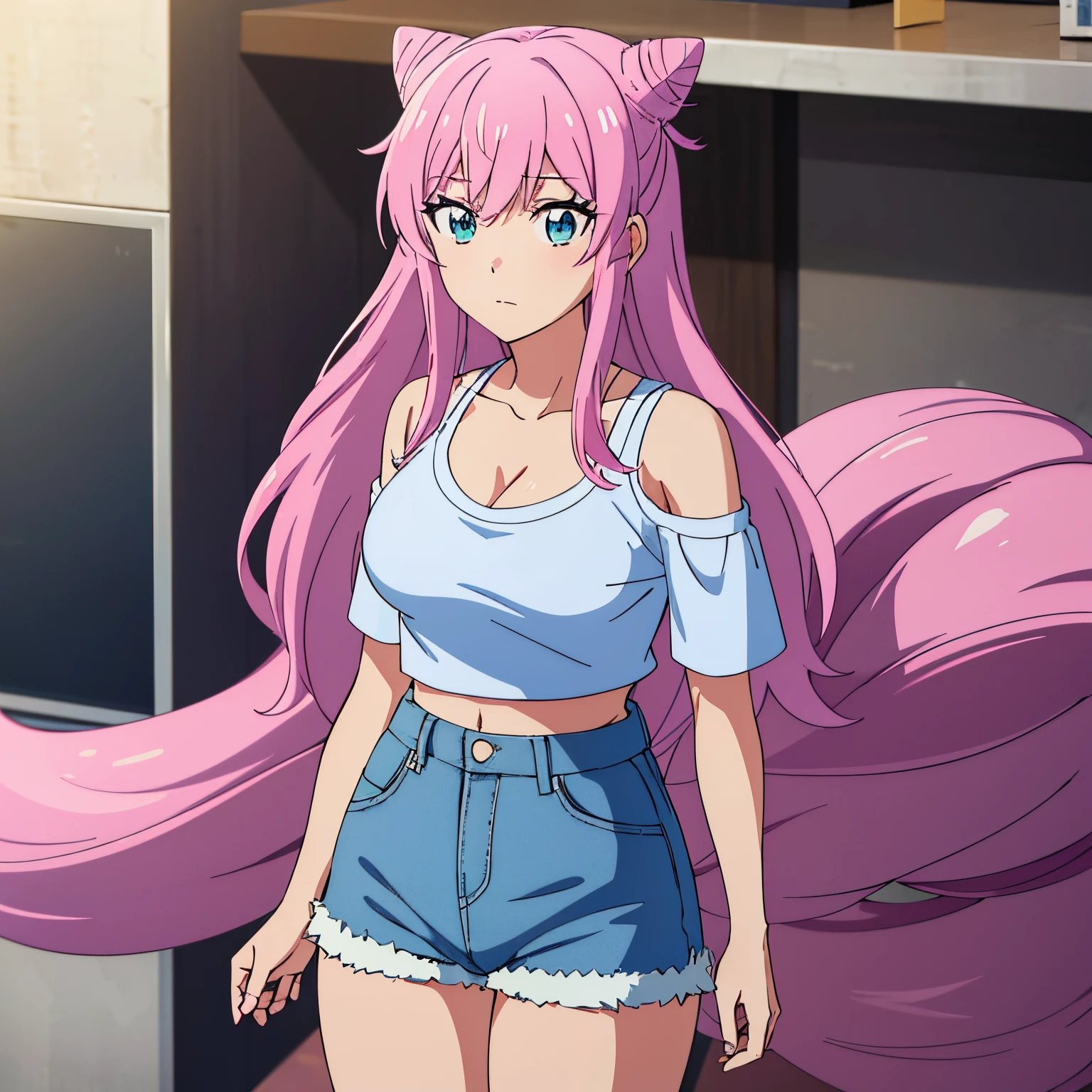 Anime girl with pink hair and blue shorts standing in a room - SeaArt AI