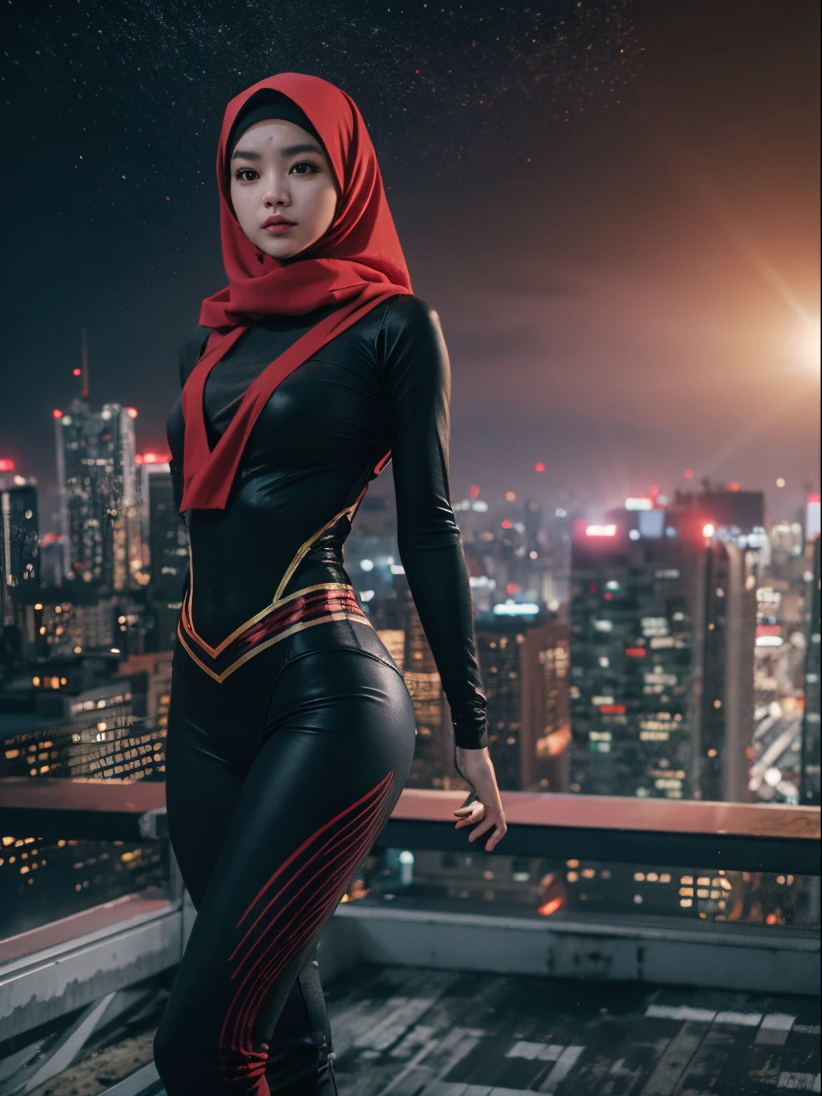 A woman in a black and red outfit standing on a rooftop - SeaArt AI