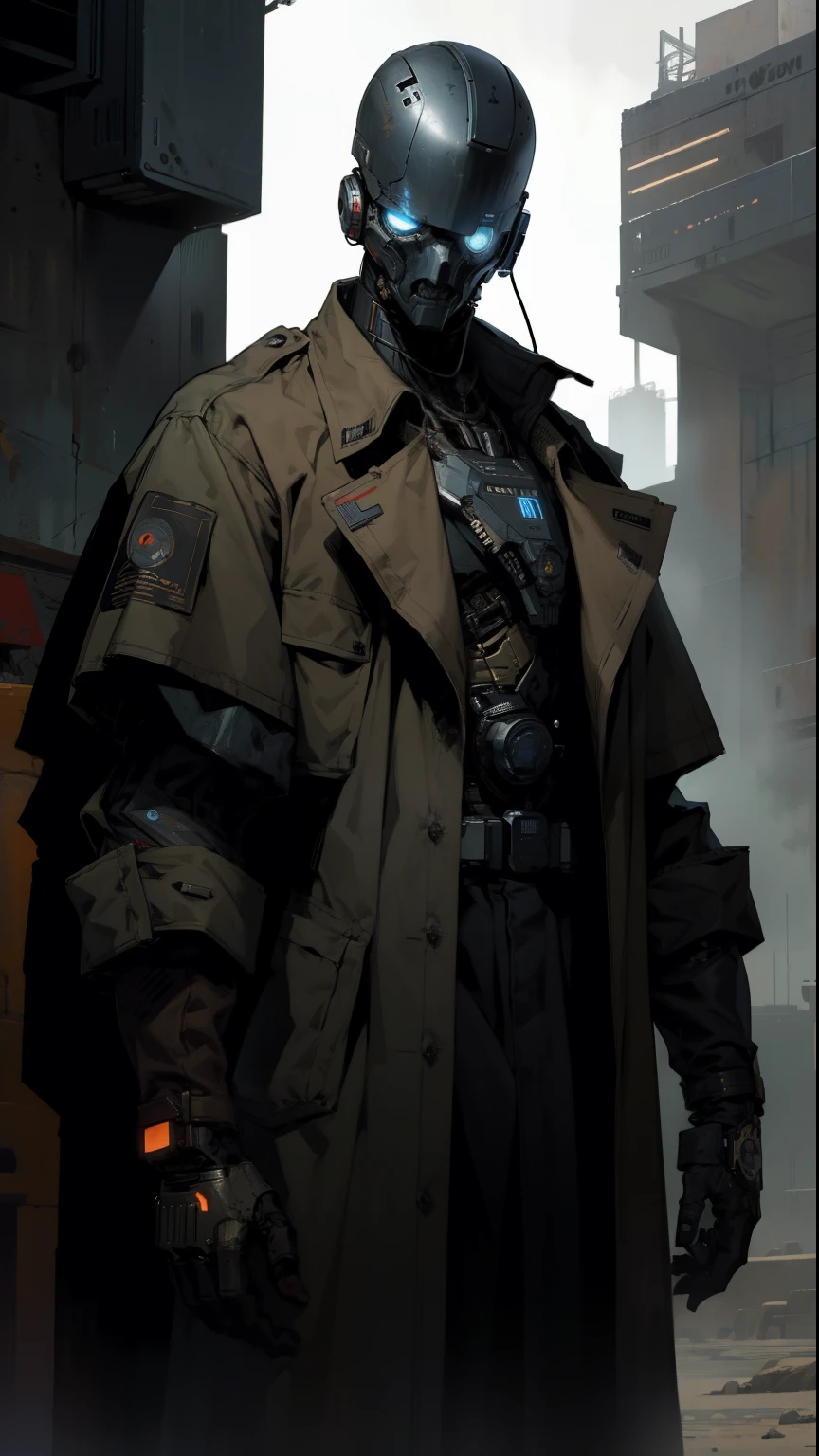 derpd, lethal bounty hunter cyborg wearing long cowboy trench coat, blue eyes,danger,SCI-FI, best quality, masterpiece,