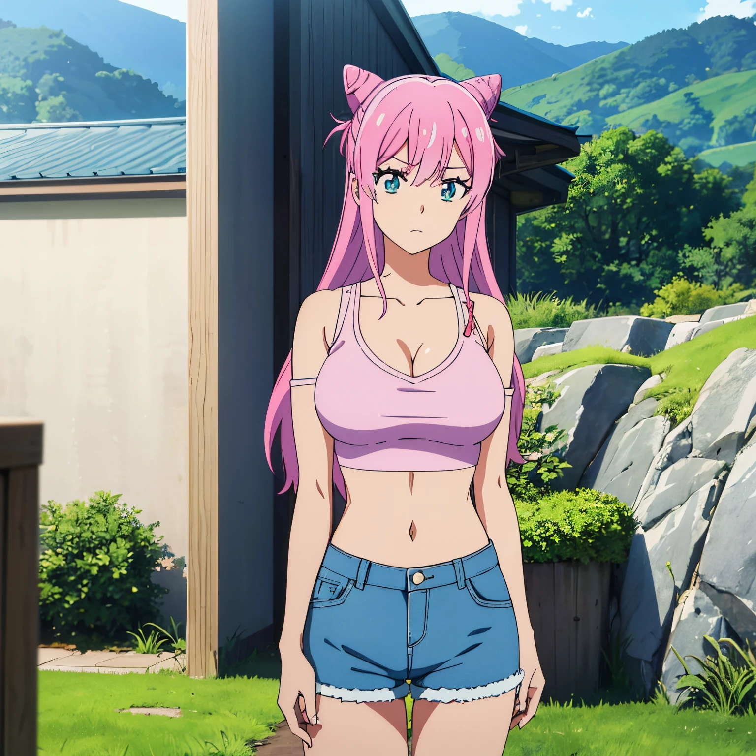 Anime girl with pink hair and blue shorts standing in front of a house -  SeaArt AI