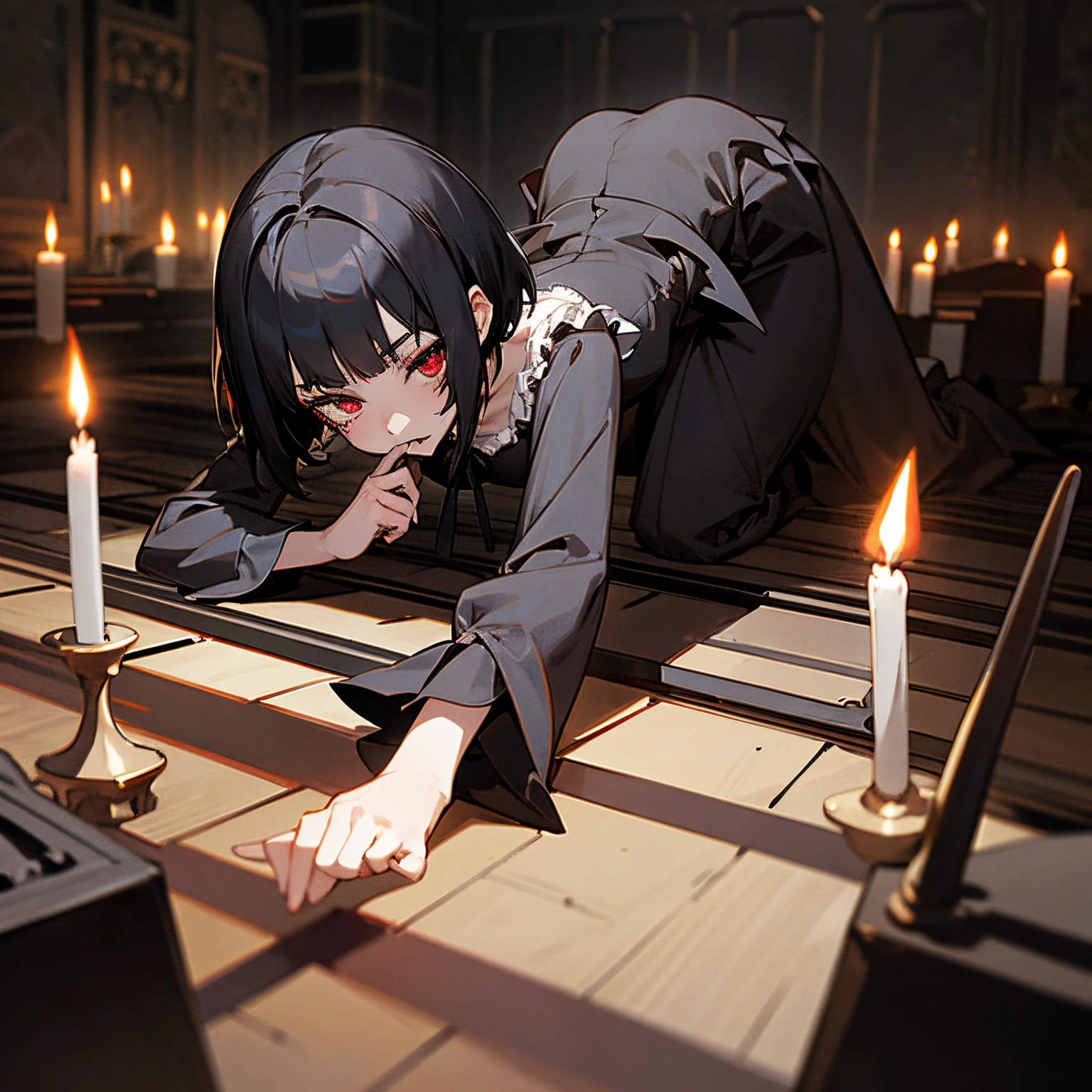 Anime girl laying on the floor with candles in front of her - SeaArt AI