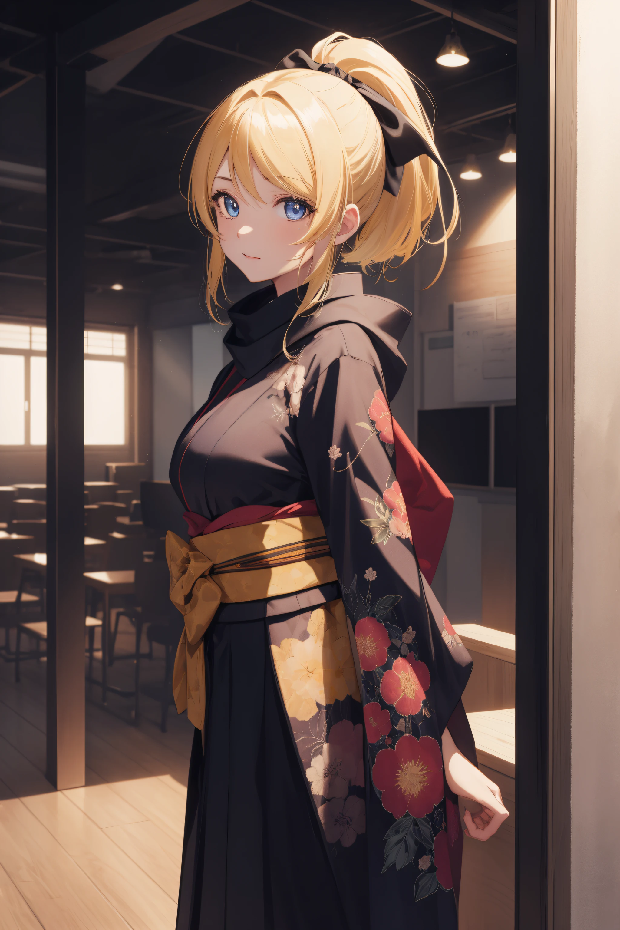 eliayase, eli ayase, yellow hair, blue eyes, ponytail, hair ribbon, medium breast,
BREAK black scarf, black bow, japanese clothes, kimono, sash, scarf,
BREAK looking at viewer,standing, leaning forward, (arms behind back:1.2),
BREAK indoors, classroom, 
BREAK (masterpiece:1.2), best quality, high resolution, unity 8k wallpaper, (illustration:0.8), (beautiful detailed eyes:1.6), extremely detailed face, perfect lighting, extremely detailed CG, (perfect hands, perfect anatomy),