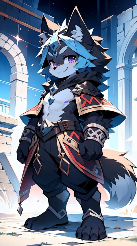 blue wolf purple eyes, , cabelos preto e longos, end, The chest is slightly raised，red and black costume，with smile，Two small ears，white skinned