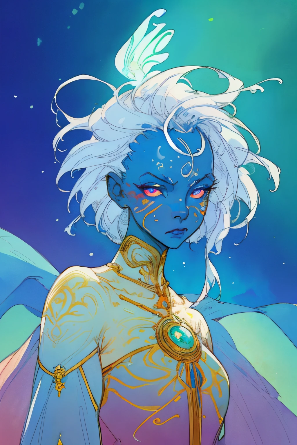 (masterpiece), concept art of 1woman, glowing eyes, prominent white body and facial markings, (blue skin), colorful glowing energy flows, in gown, white hair, accurate anatomy, feminine, modestly dressed, 1person blue_skin, calm expression, horrific background, moth in the background, cosmic horror, long elegant hair,
fantasy,
absurdres, best quality,
(watercolor painting by  gerald brom }