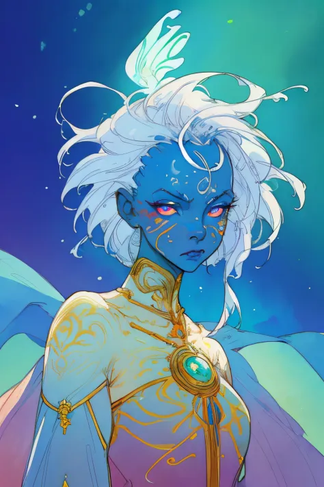 (masterpiece), concept art of 1woman, glowing eyes, prominent white body and facial markings, (blue skin), colorful glowing ener...