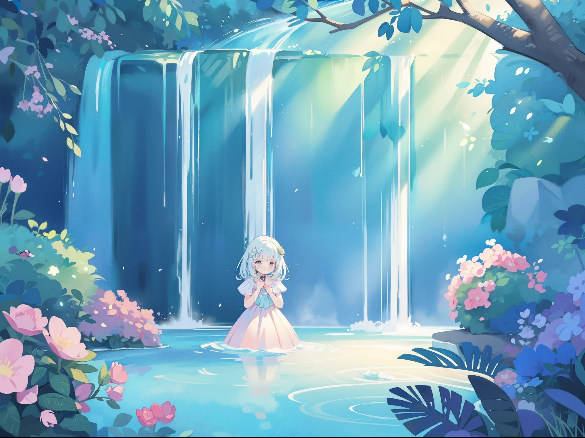 watercolor illustration, vibrant pastel colors, dreamy, colorful, whimsical, magical, masterpiece, best quality, sharp focus, intricately detailed environment, fine detail, 8k resolution, waterfall lagoon, (magical lagoon), (waterfall, lake), beautiful, golden ratio, perfect composition, perfect