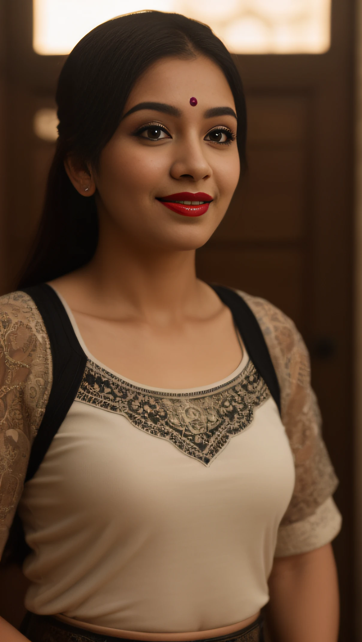 A close up of a woman with a red lipstick and a white top - SeaArt AI