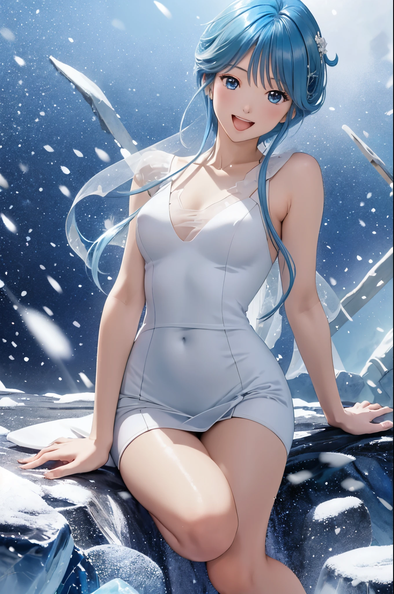 masutepiece, Best Quality, Yukime V4, 1girl in, Solo, Long hair, Smile, Open mouth, Simple background, ((Dress, long-one-piece dress, White Dress, wedding dress)), Sitting, Cowboy Shot, Ice, Snow,