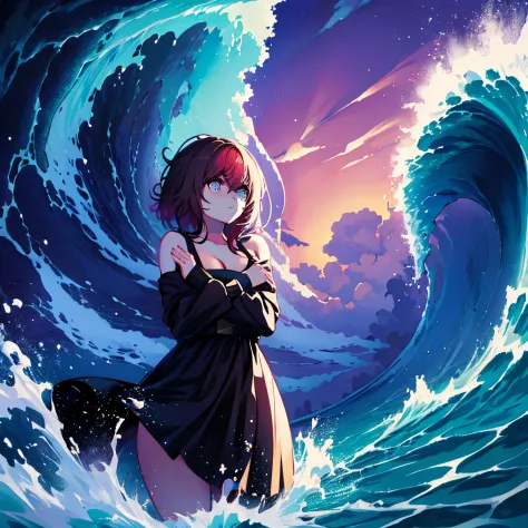 (a frightened scared girl,enveloped by a gigantic wave),(best quality, realistic,(vibrant colors:1.1),(dramatic,moody lighting:0...