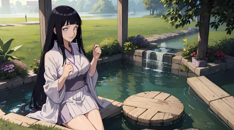 (((masterpiece))), hinatahyuga, 1girl, solo, long hair, looking at viewer, smile, large breasts, black hair, purple eyes, blunt ...