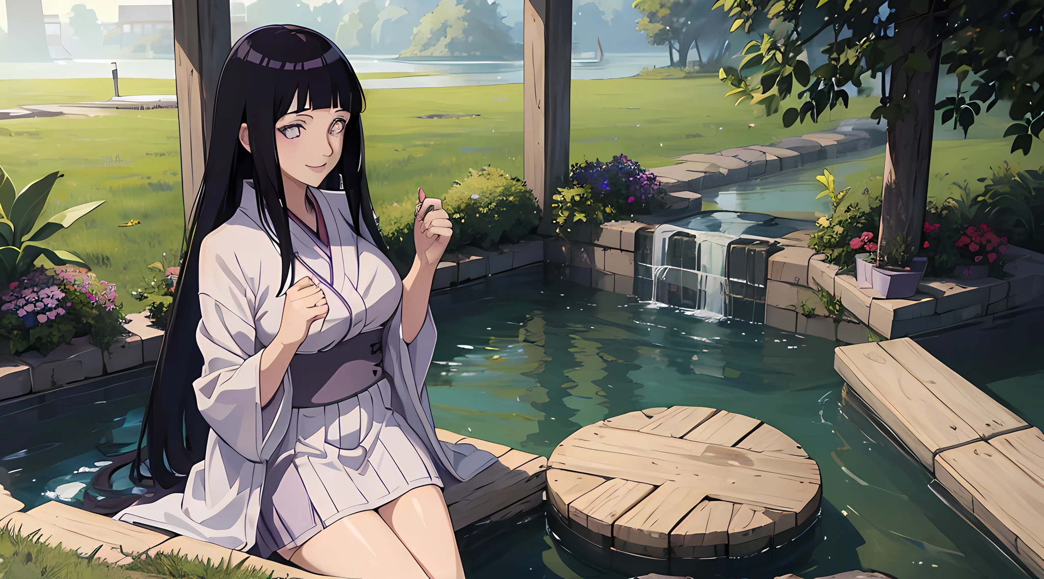 (((masterpiece))), HinataHyuga, 1girl, solo, long hair, looking at viewer, smile, large breasts, black hair, purple eyes, blunt bangs, white eyes, no pupils, 1girl, clothes tug, skirt tug, dress tug, bathhouse, partially submerged, white kimono,, masterpiece, best quality, highly detailed,