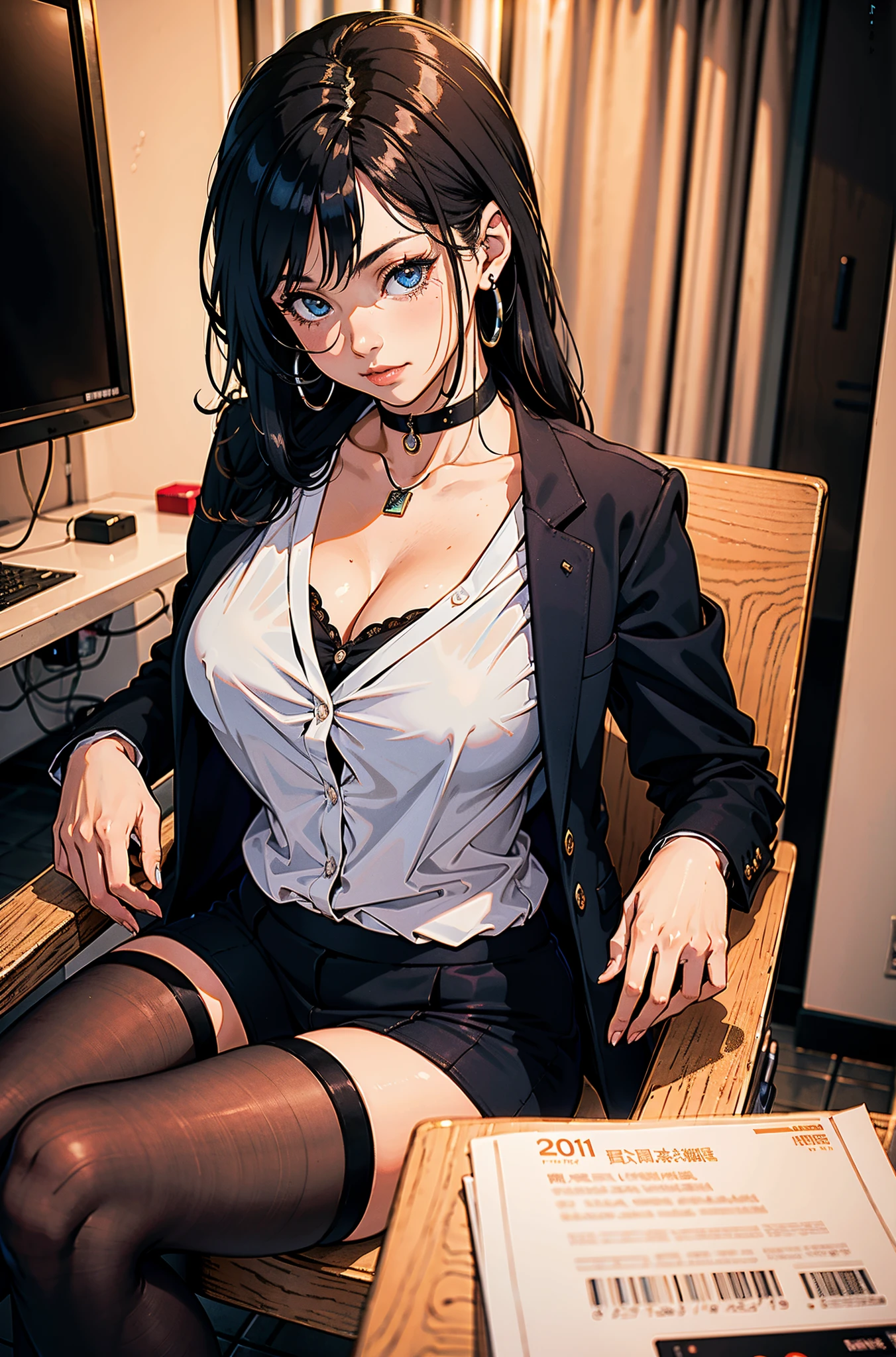 (realisticlying:1.2), a 18 year old girl, Sexy attire, sit pose, Computer Classroom（tmasterpiece，best qualtiy：1.2），Shots of，独奏，1girll，ssmile，looking at viewert，，black colored hair，eye detailed，Formal，Business Suit，tiese，choker necklace，city scenery，the street，plumw，Description of Business，，refined face，upper limbs，stockings，Eye details，Realistis，hyper realisitc，raised chest，Office room，sit pose，Half sitting，Office Desk，Chair