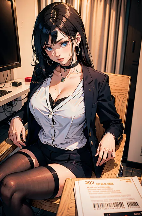 (realisticlying:1.2), a 18 year old girl, sexy attire, sit pose, computer classroom（tmasterpiece，best qualtiy：1.2），shots of，独奏，1...