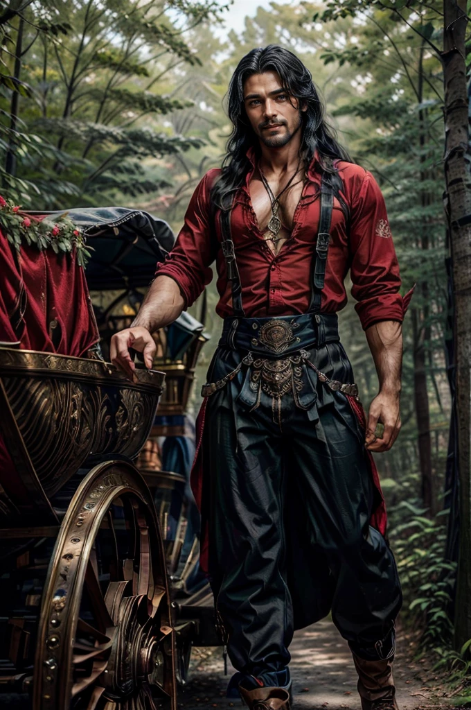 a man with black long hair, blue eyes, beard, 18 years old, smiling, strong pectoral, manly and sexy body, wearing red shirt and black pants, Victorian era style, in the background gypsy carriage in a forest, Daeni Pin Style, [Daniel F. Gerhartz Style::0.5], UHD Image, Hire, 8k, photo-realistic, Epic lighting, Sharp, Realistic, Romantic, focus,