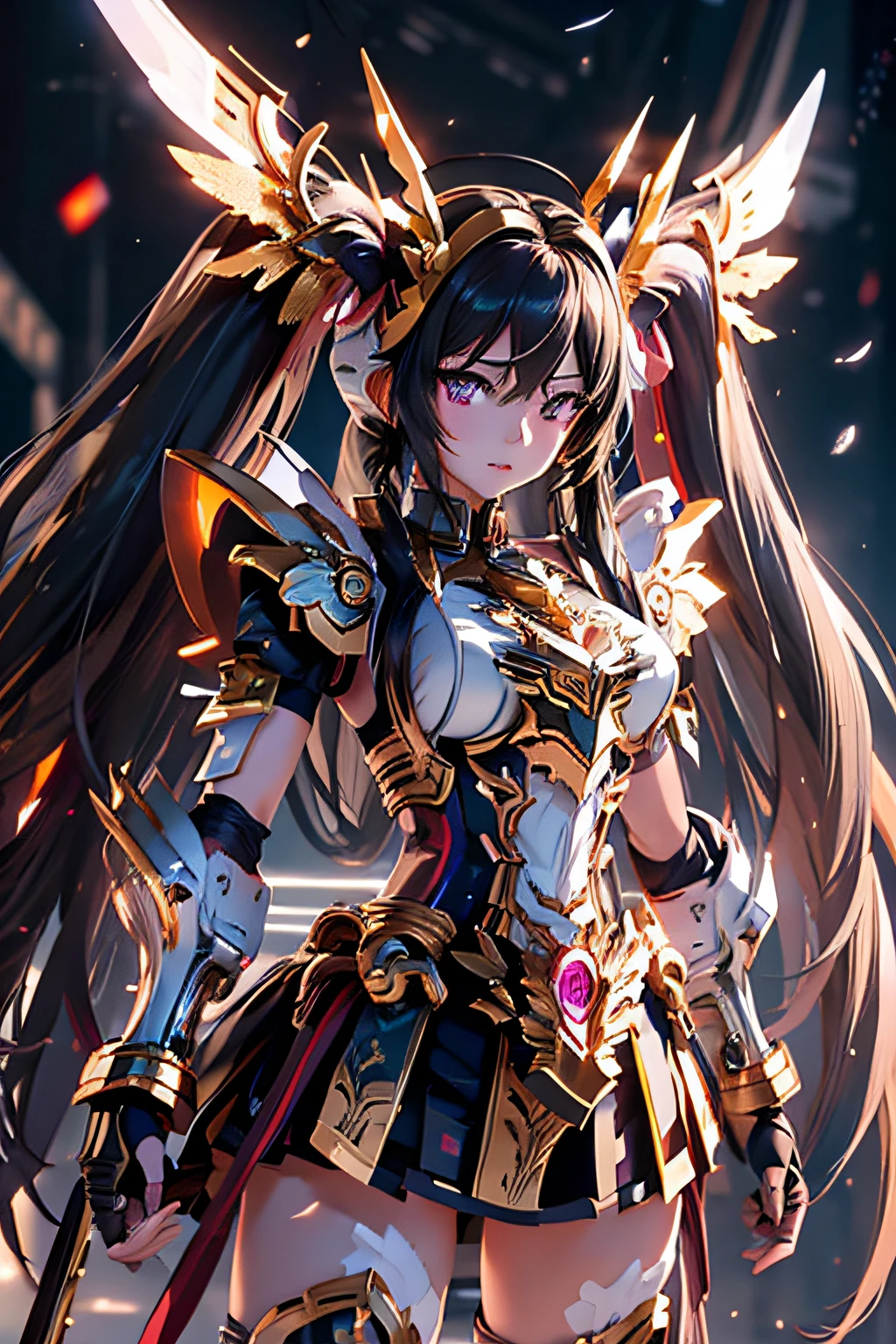 (masterpiece), best quality, expressive eyes, perfect face, 1girl, solo, ishtar, ishtar fate, purple eyes, black hair, gold hair ribbon, long hair, twintails hair, ribbon, sidelocks, two side up, black skirt, black thighhighs, Humanoid, Red and White color Armor suit, Valkyrie, breast plated, thighhighs, Bright Sky background, stand, standing, character sheet, upper body, portrait, looking at viewer, Gundam wings, medium breast, double sword at both hand, Fly high