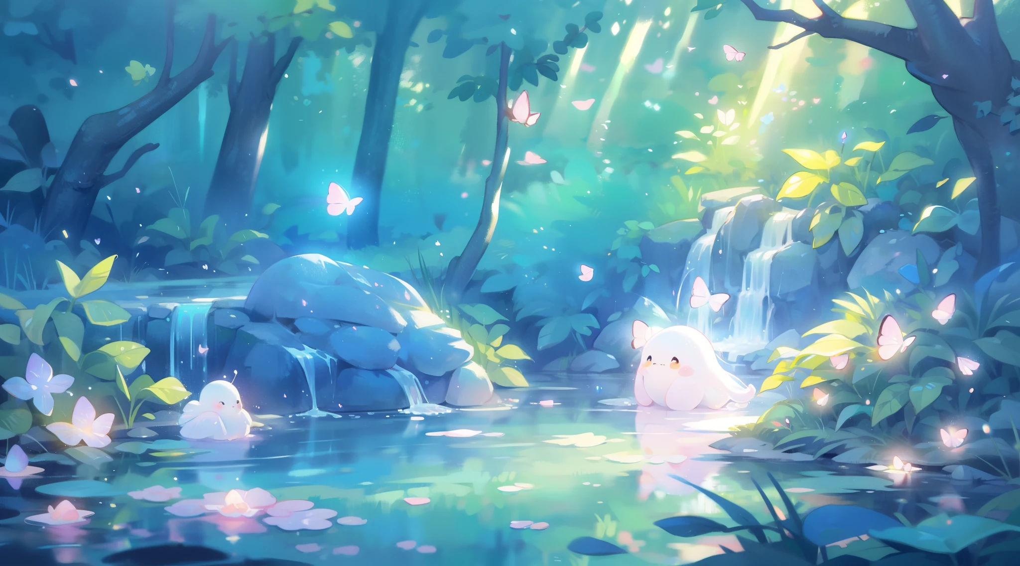 watercolor illustration, vibrant pastel colors, dreamy, colorful, whimsical, magical, masterpiece, best quality, sharp focus, intricately detailed environment, fine detail, 8k resolution, waterfall lagoon, (magical lagoon), (waterfall, lake), glowing butterflies