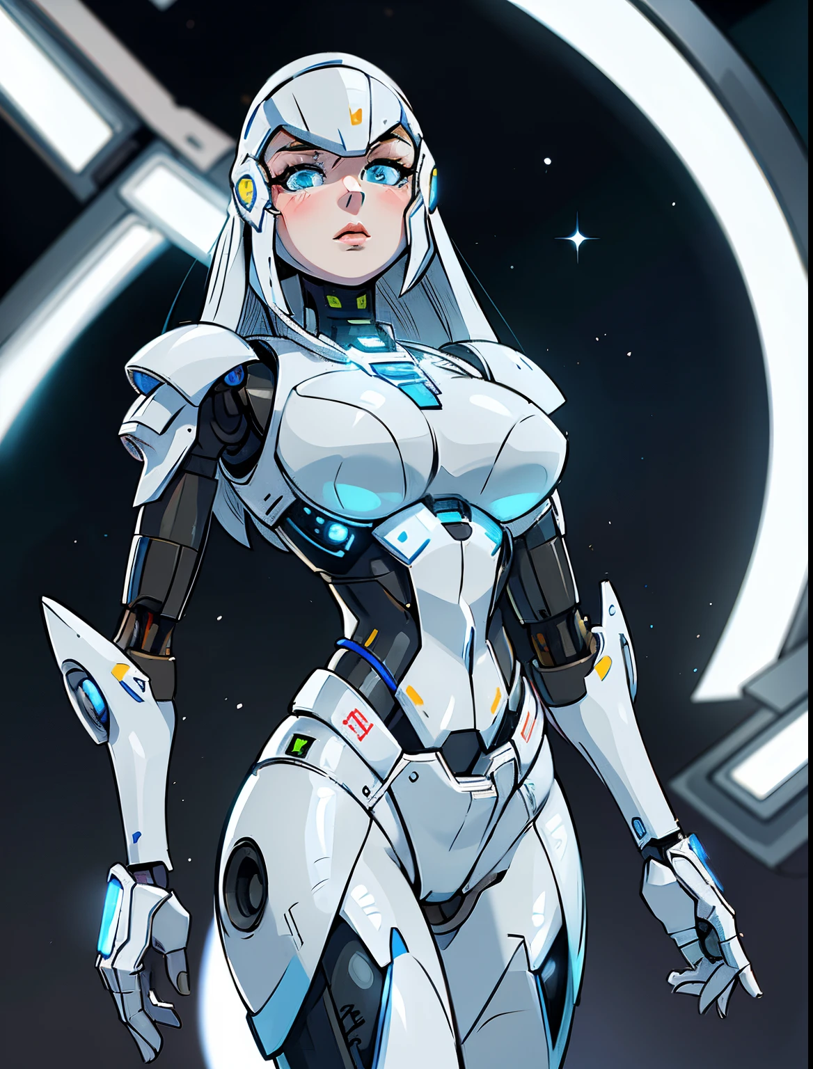 eine Nahaufnahme einer Frau in einem futuristischen Anzug mit einem futuristischen Look, wunderschönes weißes Cyborg-Mädchen, süßes Cyborg-Mädchen, perfektes Android-Mädchen, schöner weiblicher Androide, in weißer futuristischer Rüstung, schöne Androidin, schönes Roboter-Charakterdesign, schöner weiblicher Androide!, Mädchen in Mecha-Cyber-Rüstung, schönes Cyborg-Mädchen, perfekte Anime-Cyborg-Frau, Science-Fiction-Androide weiblich