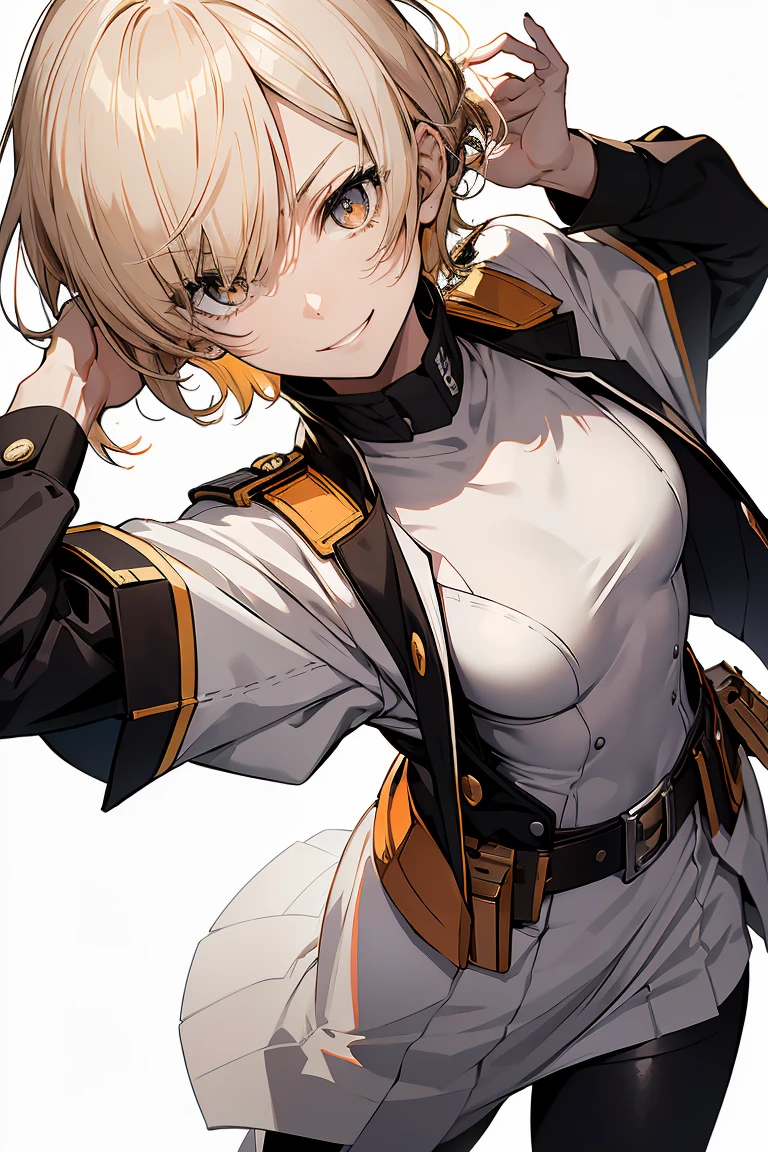 1 girl in, Full body, White one-piece military uniform, (masutepiece:1.2, Best Quality), (finely detailed beautiful eye: 1.2), (beautifull detailed face), High contrast, (Best Illumination, extremely delicate and beautiful), ((Cinematic Light)), Dramatic light, very orange eyes, flat chest, Belt under the chest, White military uniform, White skirt, blonde  hair, Black tie,  (Pale white background:1.5), Wolf cut hair, short cut hair, Look at me and smile, Dynamic Pose,