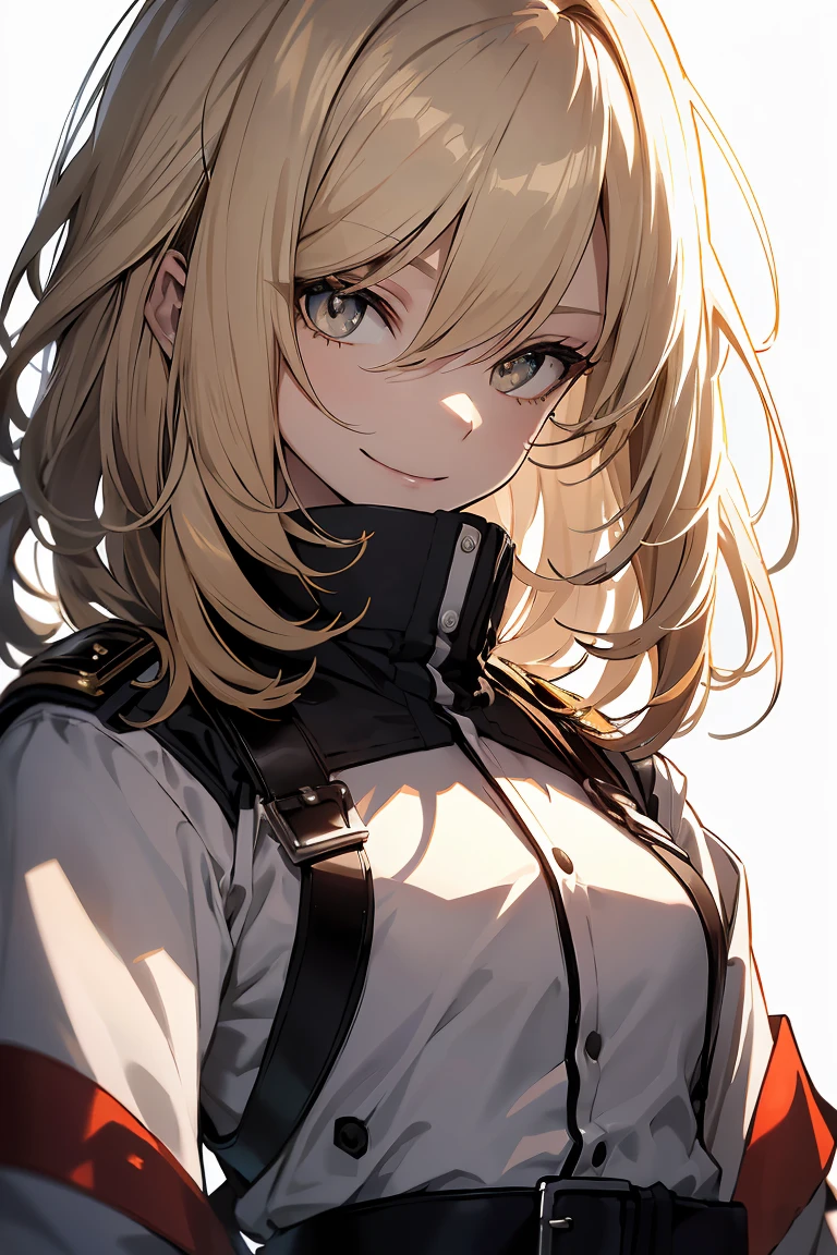 1 girl in, Full body, White one-piece military uniform, (masutepiece:1.2, Best Quality), (finely detailed beautiful eye: 1.2), (beautifull detailed face), High contrast, (Best Illumination, extremely delicate and beautiful), ((Cinematic Light)), Dramatic light, very orange eyes, flat chest, Belt under the chest, White military uniform, White skirt, blonde  hair, Black tie,  (Pale white background:1.5), Wolf cut hair, shoulder length hair, Look at me and smile, Dynamic Pose,