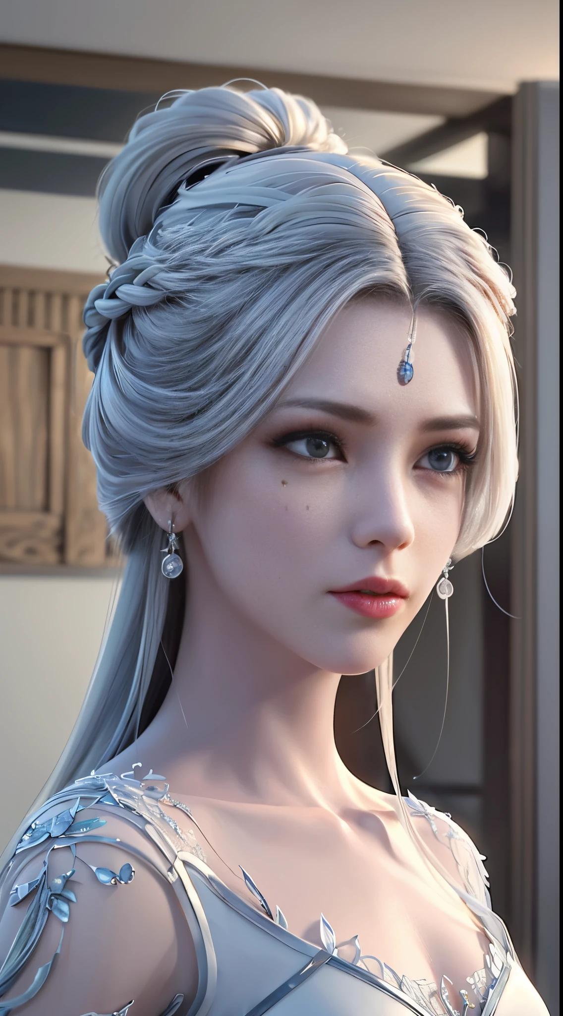 (best quality, masterpiece:1.2), ultra high res, realistic, front lighting, intricate detail, Exquisite details and textures, 1girl, solo ,(young), face highlight, upper body, detailed face, tear mole, white skin, silver hair, ponytail, braid hair, looking at viewer, big eyes, silk robe, (hollow pattern, white, silk), earrings, small breasts, slim body, luxury room, professional lighting, photon mapping, radiosity, physically-based rendering,