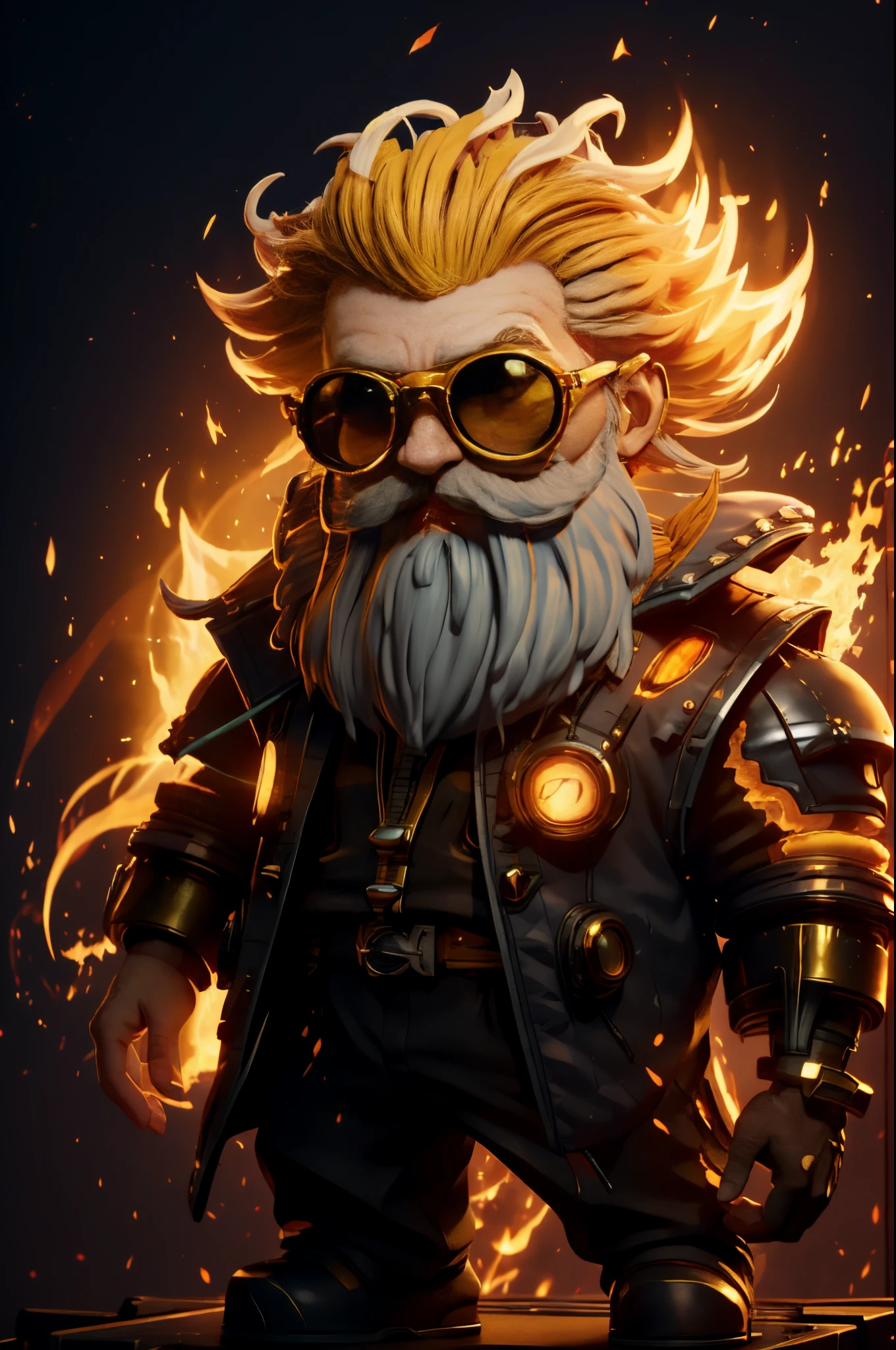 big headed,1 boy, ((white mustache, A yellow-haired one))，catching fire, blasts, grow white beard, fiery hair, Fiery wings, fiery, Incendiary weapons, glowing, malefocus, Molten rock, Grow a beard，Hot, single mechanical arm, Alone, spark of light, sun glasses, the sunset, tail-tip fire, torchan, Upper part of the body，chibiStyle,tmasterpiece,Best quality,offcial art,extremely detaild的 CG unified 8k wallpapers,Mystery style,Chibi