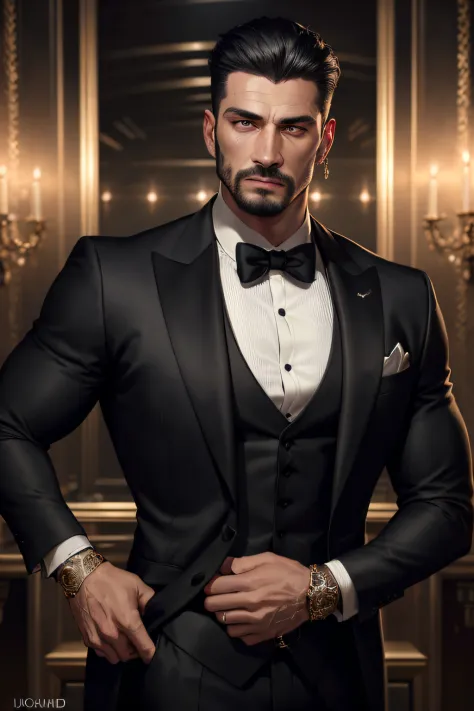 realistic (muscular man:1.1) mob boss, wearing intricate black elegant suite, portrait, short hair, jewelry, in a nightclub, spo...