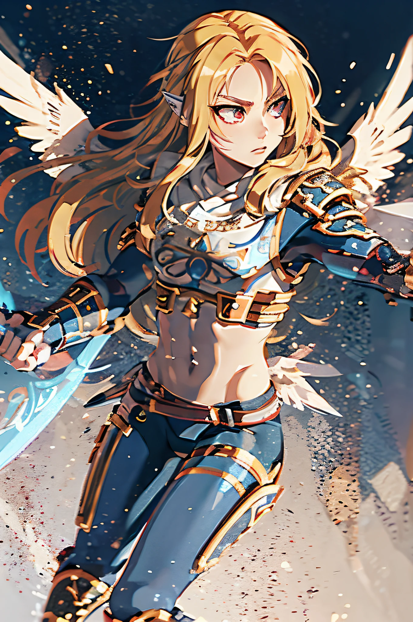 1 boy, Valkyrie, warrior, wielding a sword, wings, fire magic, wearing armor, flat chest, (androgynous 1.5), wielding a shield, blue hair, green eyes, brown wings, long hair, pants, 16k, HD, Professional, Highly Detailed