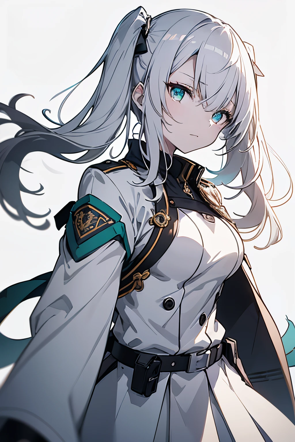 Full body, White one-piece military uniform,(masutepiece:1.2, Best Quality), (finely detailed beautiful eye: 1.2), (beautifull detailed face), High contrast, (Best Illumination, extremely delicate and beautiful), ((Cinematic Light)), Dramatic light, Intricate details, Turquoise eyes, small breast, Belt under the breast, White military uniform, White skirt, dark gray hair, Black tie,  (Pale white background:1.5), Long twin tails fluttering in the wind, long twin tails, Dynamic Pose,