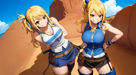 (masterpiece, best quality:1.2), solo, 1girl, lucy heartfilia, grin, looking at viewer, arms behind back, blue sleeveless shirt,...