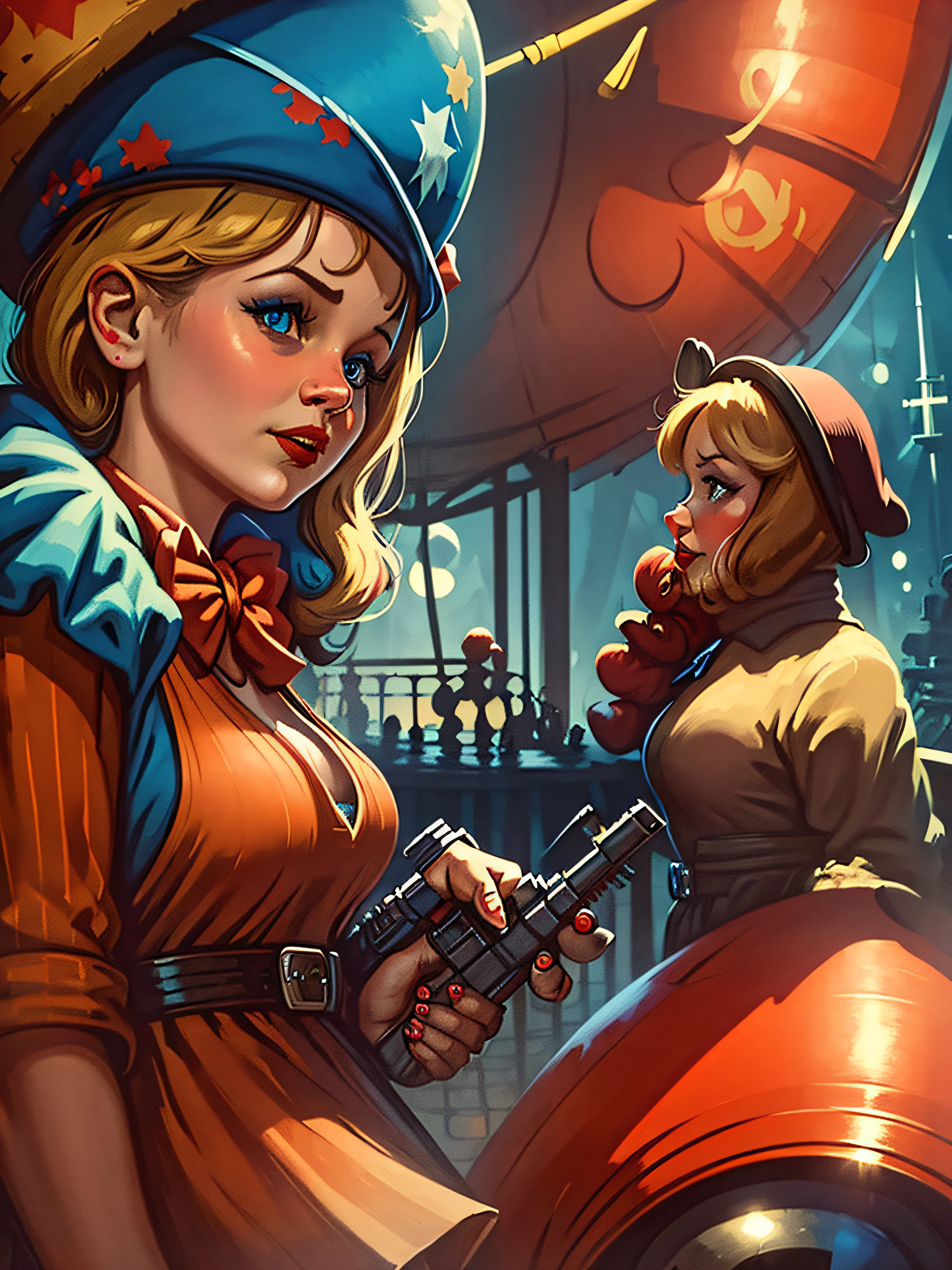 official art, unity 8k wallpaper, ultra detailed, aesthetically pleasing, High quality, masterpiece, best quality, a close up of a girl (Jennifer Lawrence) holding a gun with a clown hat on, with red panties, murderous carnival freak, capitalist clown, gangster, jester, clown, she has a pistol, of a gang of circus clowns, inspired by Earle Bergey, stylized digital illustration, mobster, smoking and holding a gun, background artwork, portrait death clown art by Ray Shark