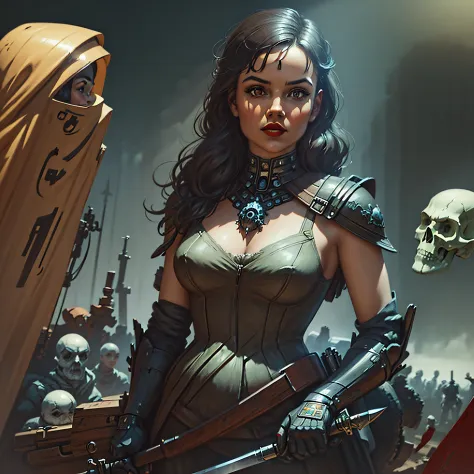 there is a woman (Jesica Alba :1.1) red lips, green eyes, holding a sword and a skull on her shoulder, 4k highly detailed digita...