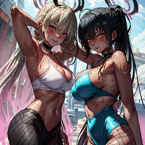 2 girls, arms behind each other, Asuna and karin, cleavage, (blue one piece bunny suit, pantyhose), (blush:1.3, sweaty:1.3), smile, smile, laugh, happy, (hi-res), (absurd), (best quality), (high quality), (masterpiece), shy , blonde hair, hair over one eye...