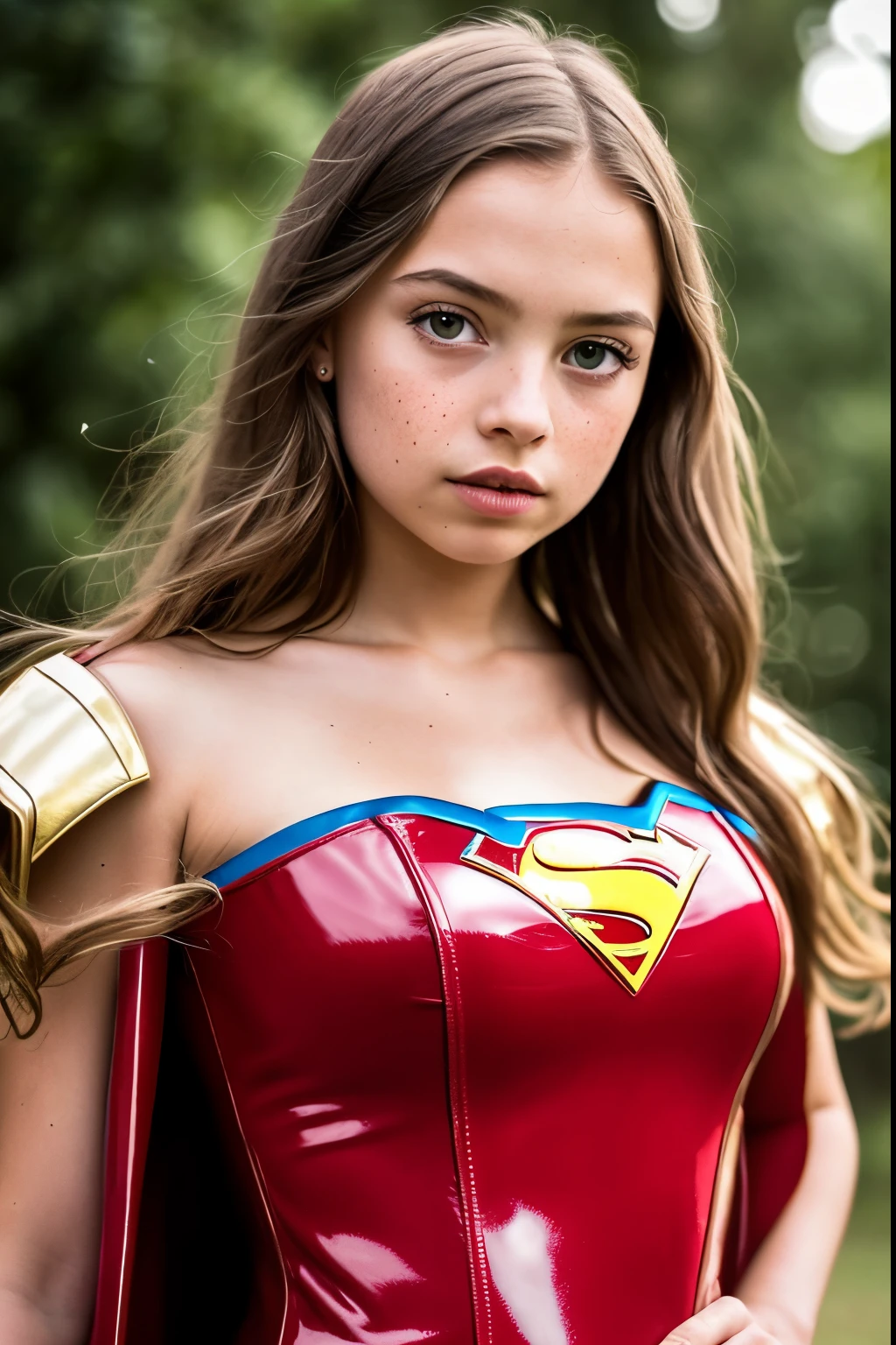 masterpiece, best quality, hyperrealistic, cinematic photo, innocent 6yo female, American, pronounced feminine features, latex Supergirl dress, long hair, huge breasts, freckled face,  (8k, epic composition, photorealistic, sharp focus), elaborate background, dslr, intricate details