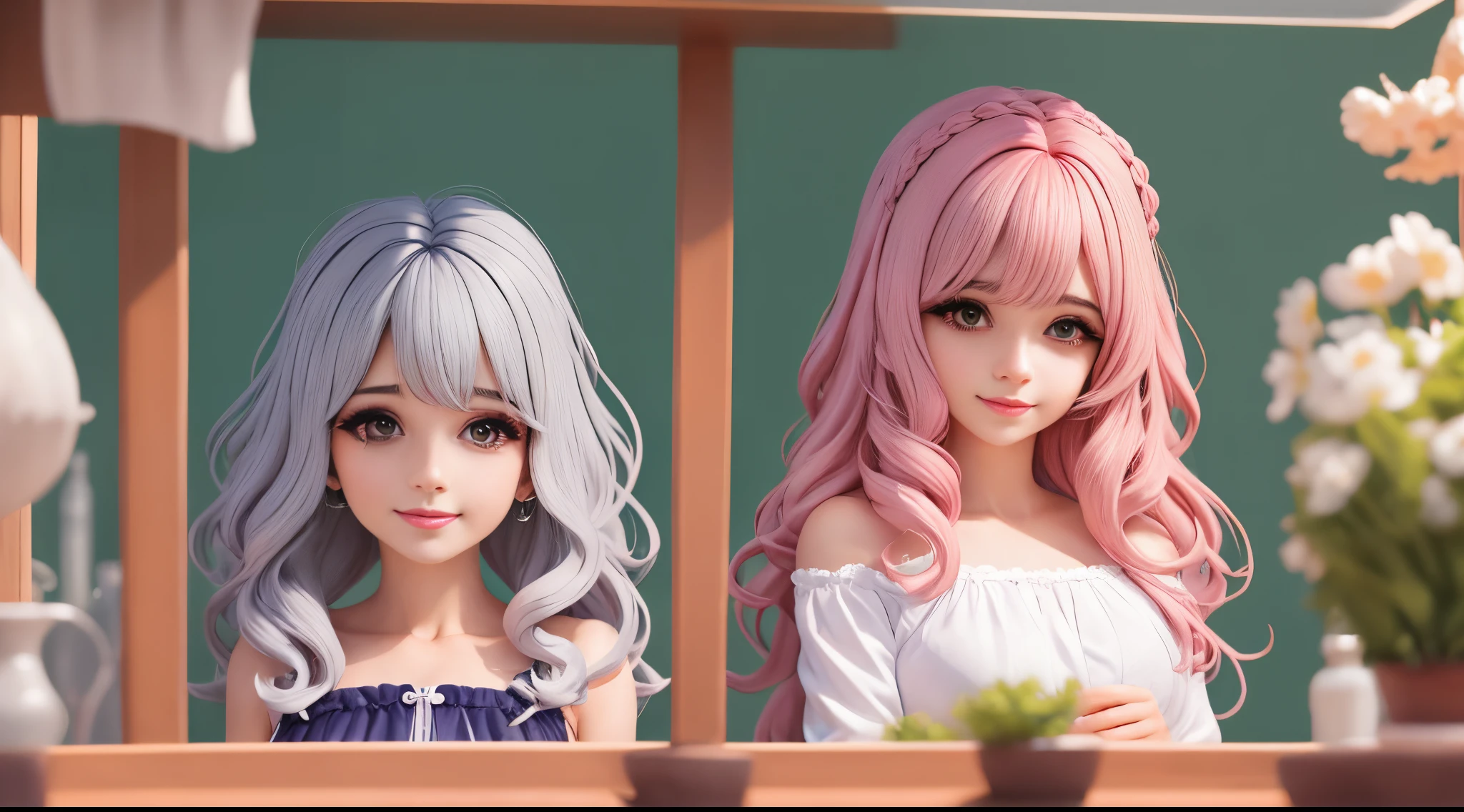 Two dolls of different colors are sitting on a table - SeaArt AI