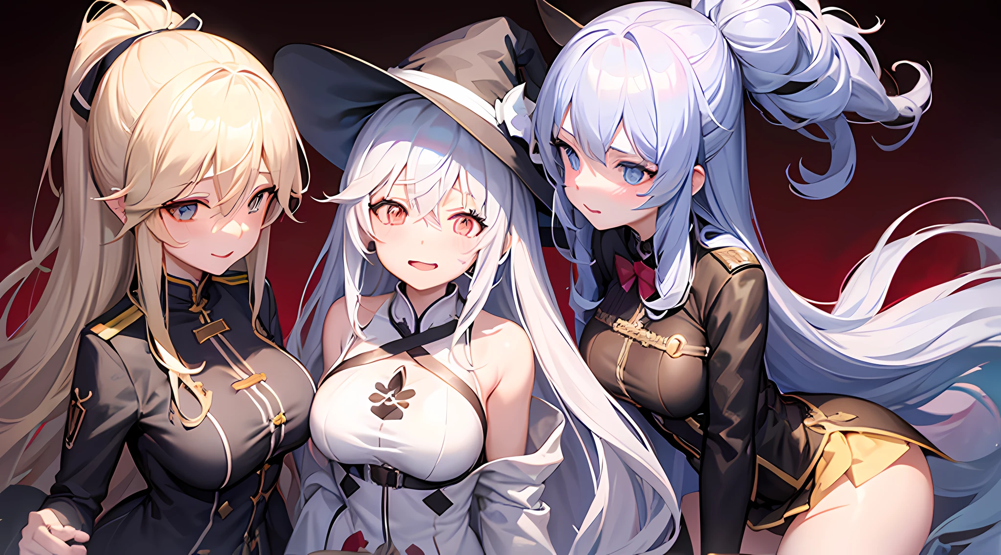 Three anime girls with long white hair and blue eyes - SeaArt AI