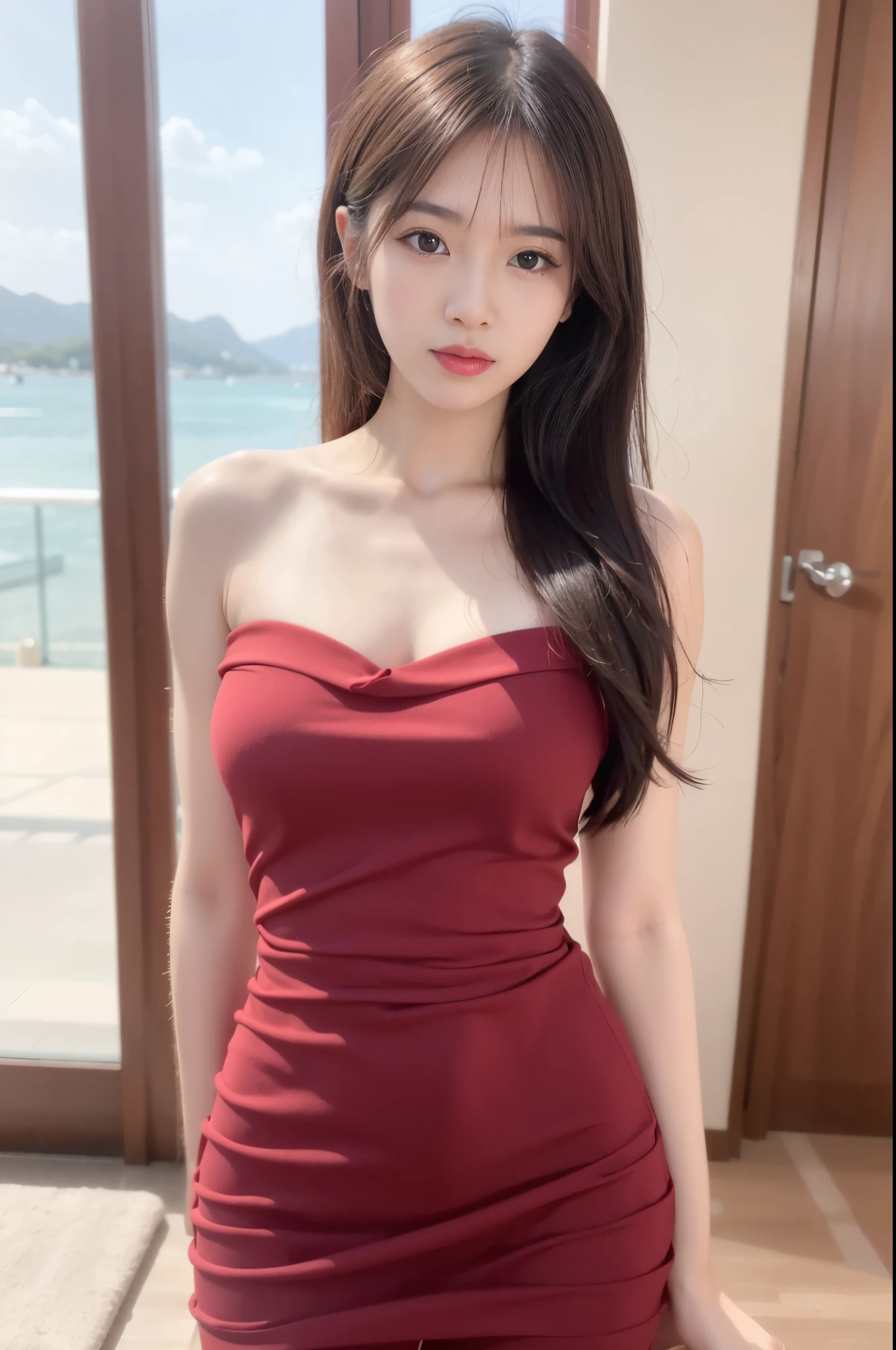 A woman in a red dress posing for a picture - SeaArt AI