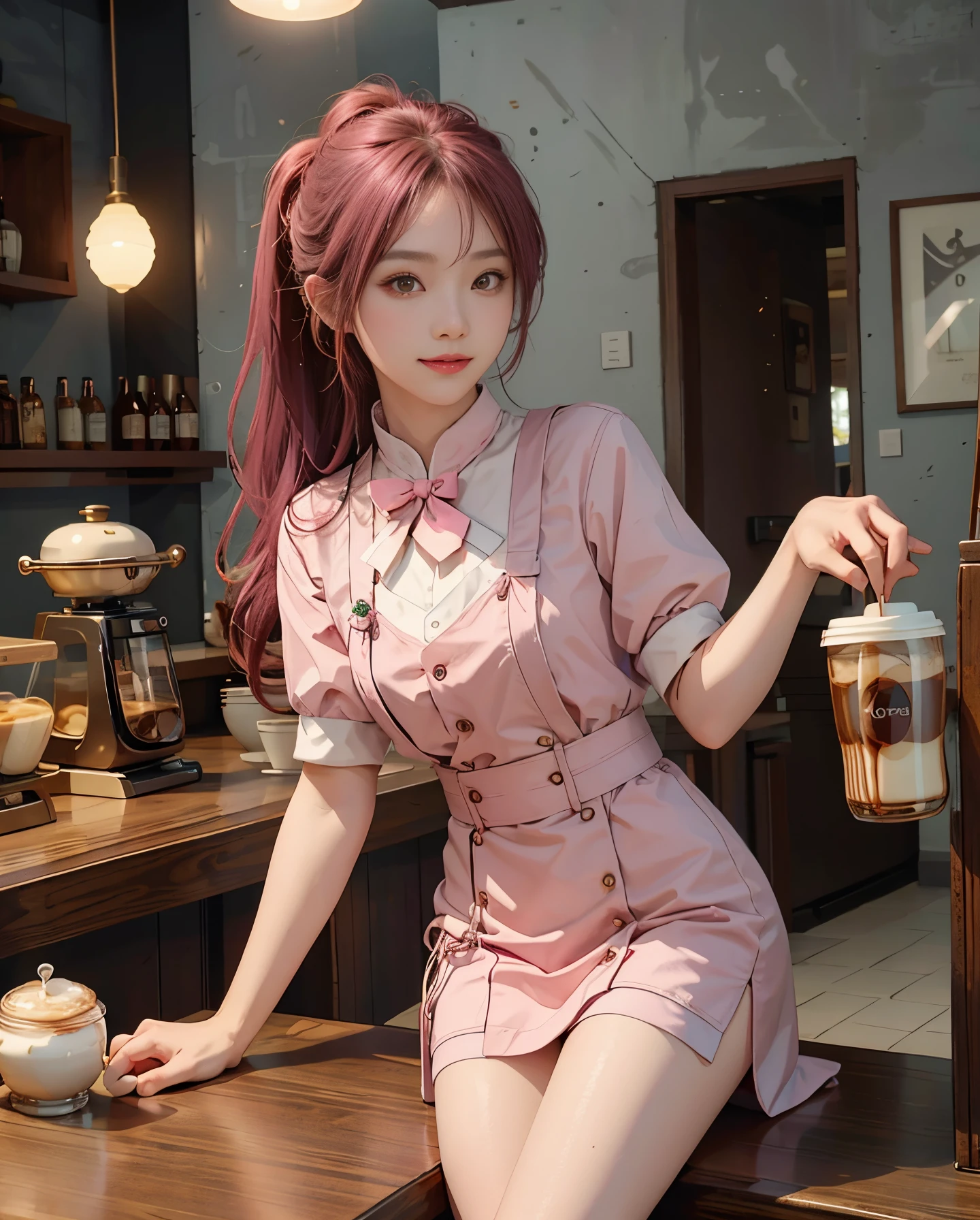 Chica araffe con vestido rosa sentada en un mostrador con una taza de café  - SeaArt AI